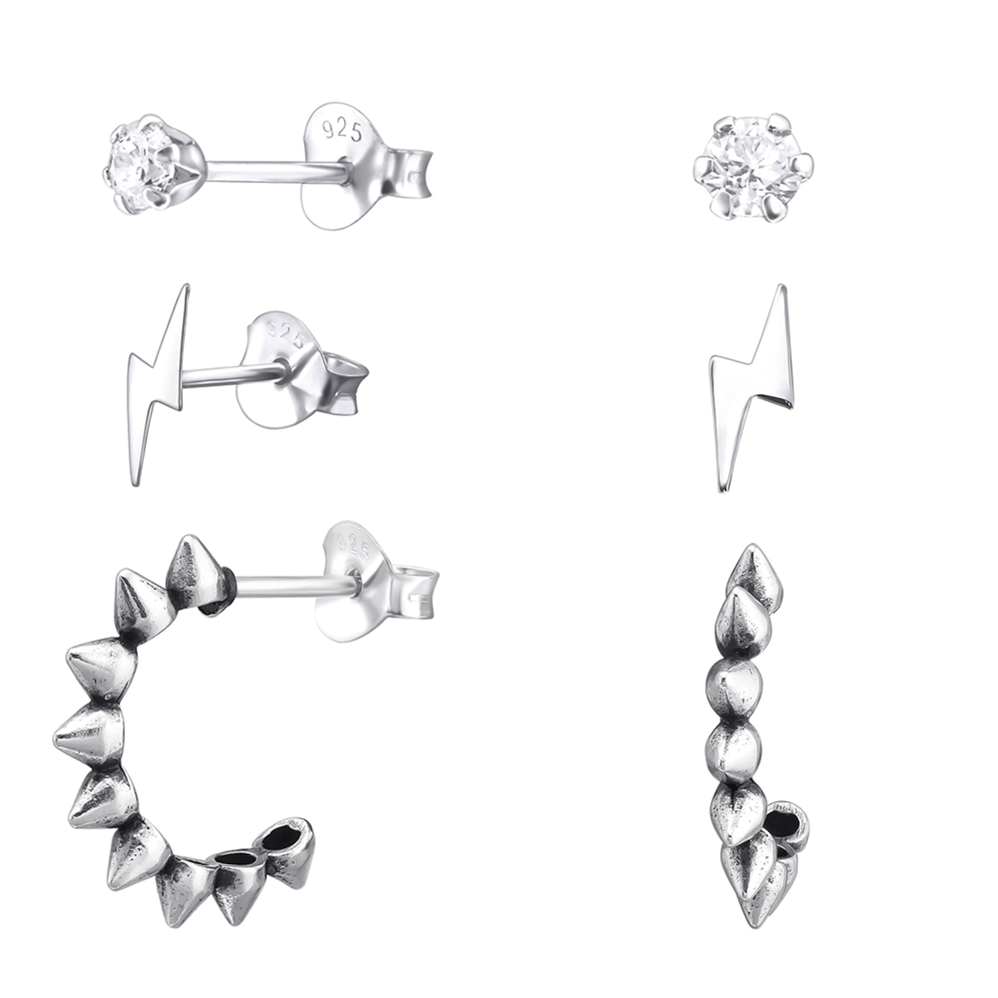 DEADBEAT Rock-Solid 925 Silver CZ Stone Ear Stud, Lightning Bolt Ear Stud & Oxidised Spiked Hoop Ear Stud Gift Pack