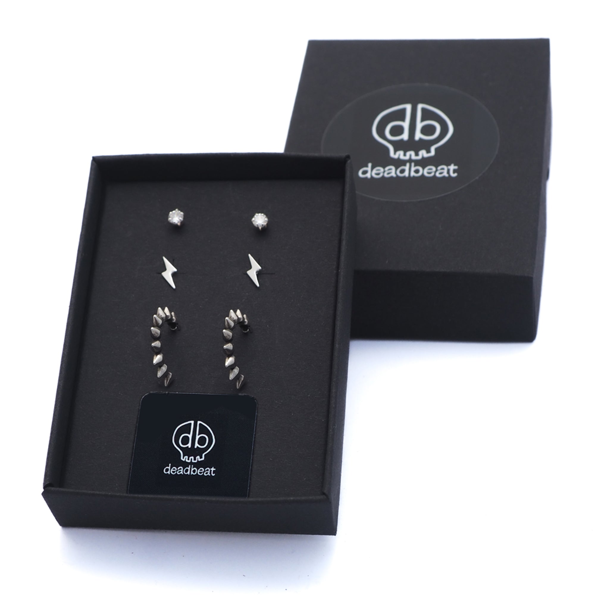 DEADBEAT Rock-Solid 925 Silver CZ Stone Ear Stud, Lightning Bolt Ear Stud & Oxidised Spiked Hoop Ear Stud Gift Pack