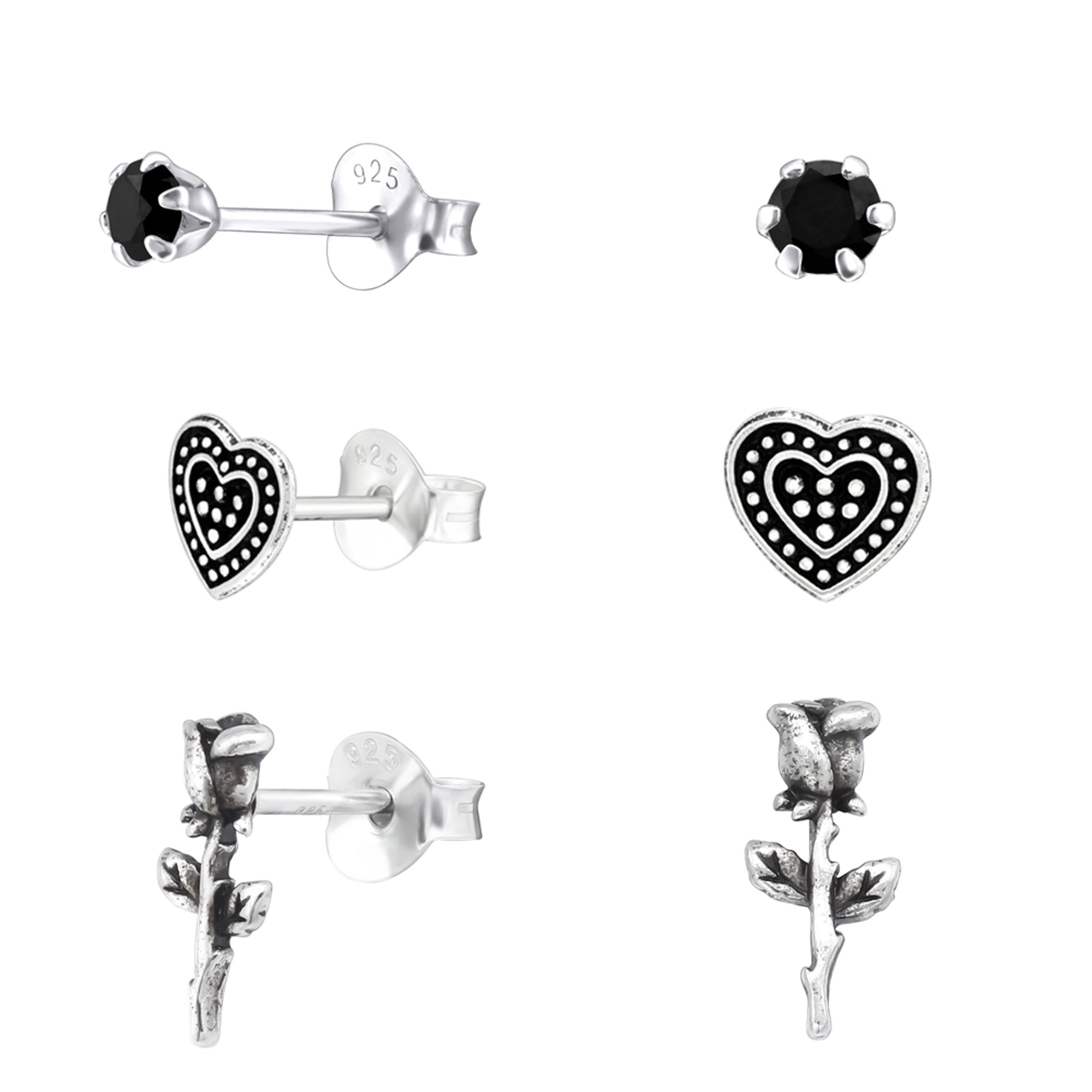 DEADBEAT Rock-Solid 925 Silver -CZ Stone Ear Stud, Oxidised Heart Ear Stud & Oxidised Rose Stem Ear Stud Gift Pack