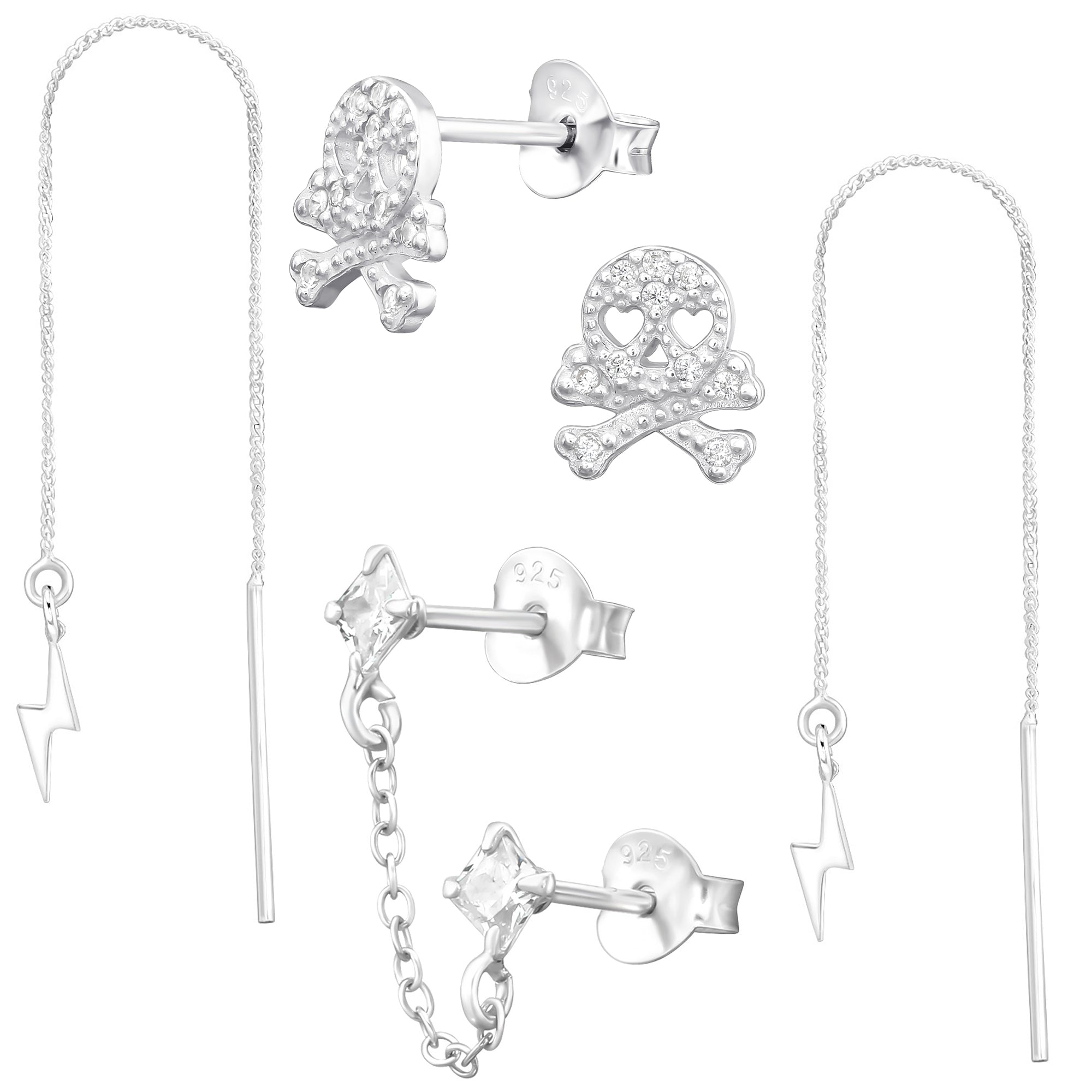 DEADBEAT Rock-Solid 925 Silver CZ Skull & Crossbones Ear Stud, Single CZ Double Ear Stud & Lightning Bolt Drop Ear Stud Gift Pack
