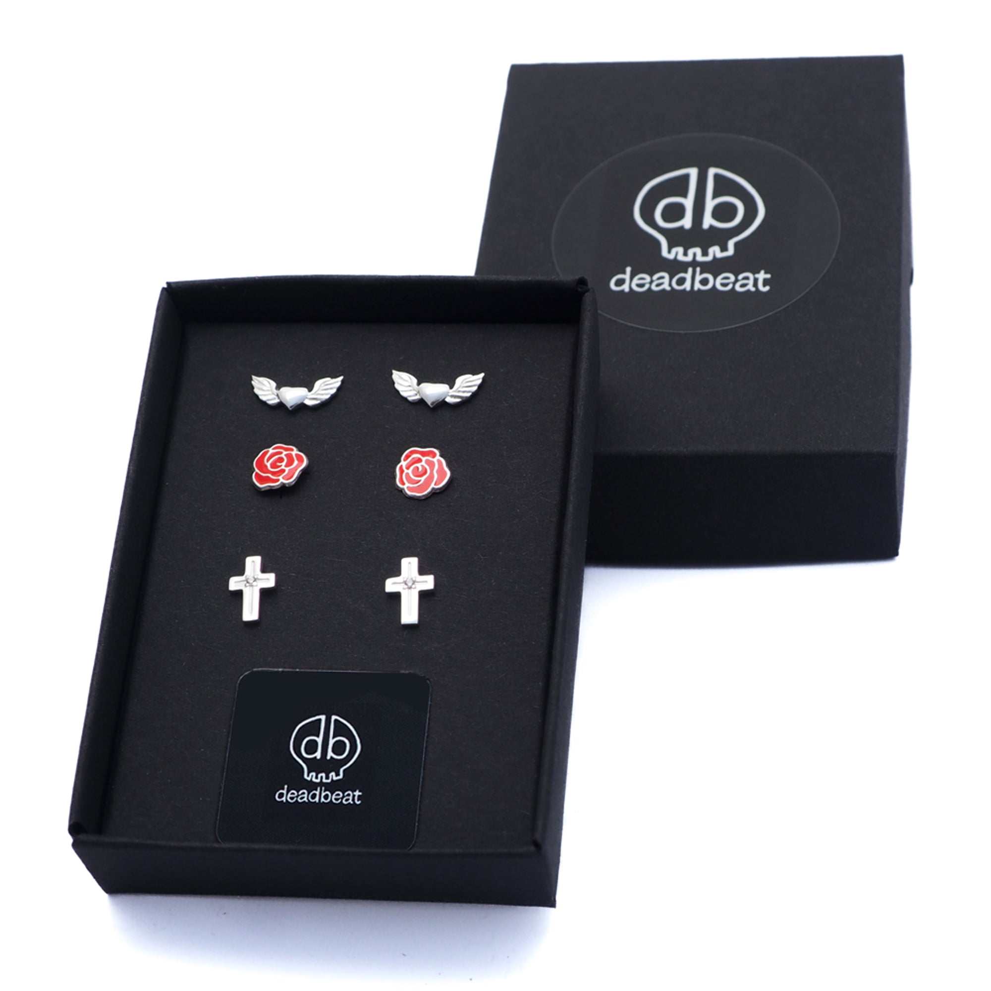 db DEADBEAT 925 Silver Winged Heart Ear Stud, Tattoo Rose Ear Stud & CZ Stone Plain Cross Ear Stud Gift Pack
