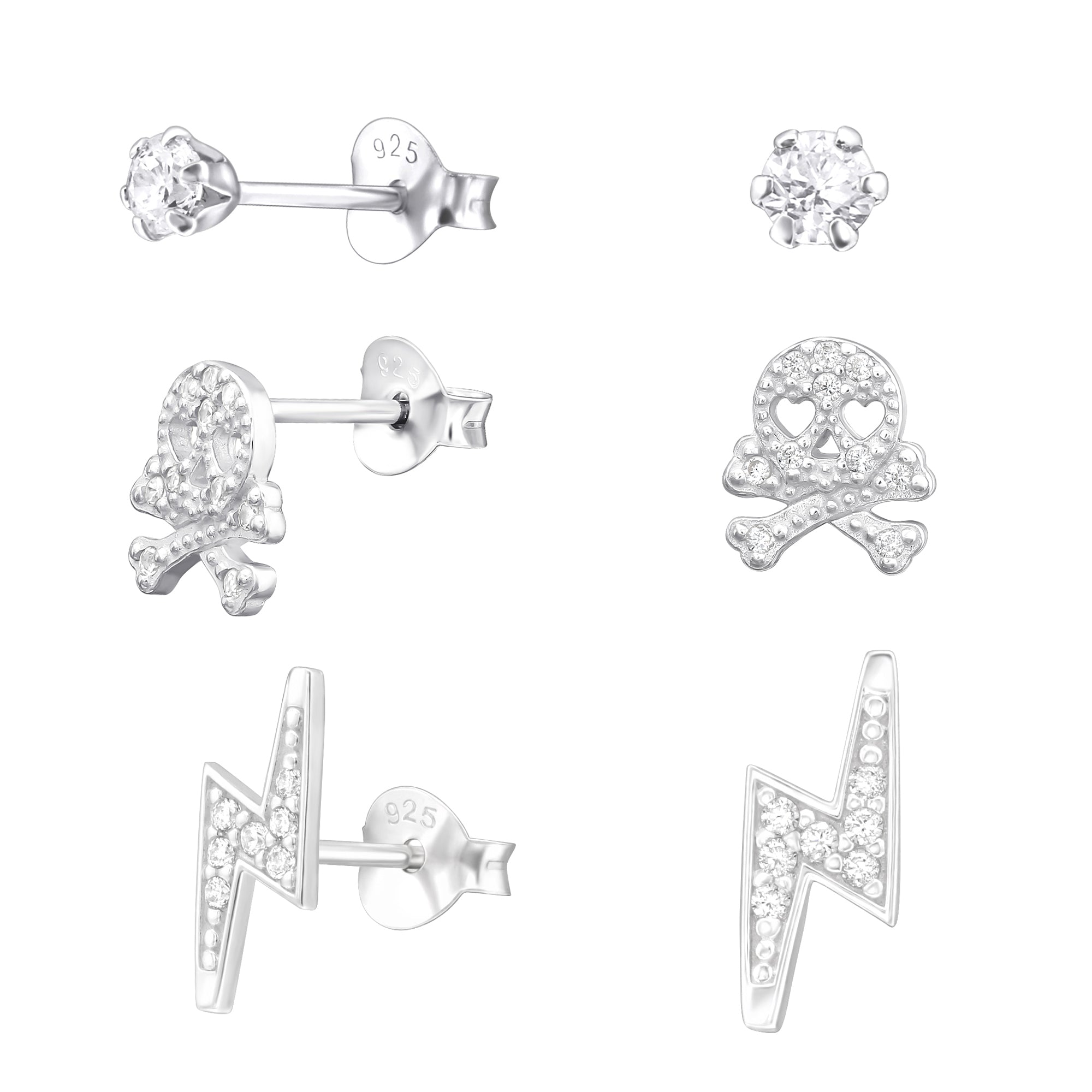 db DEADBEAT 925 Silver CZ Ear Stud, Skull & Crossbones Ear Stud & CZ Lightning Bolt Ear Stud Gift Pack