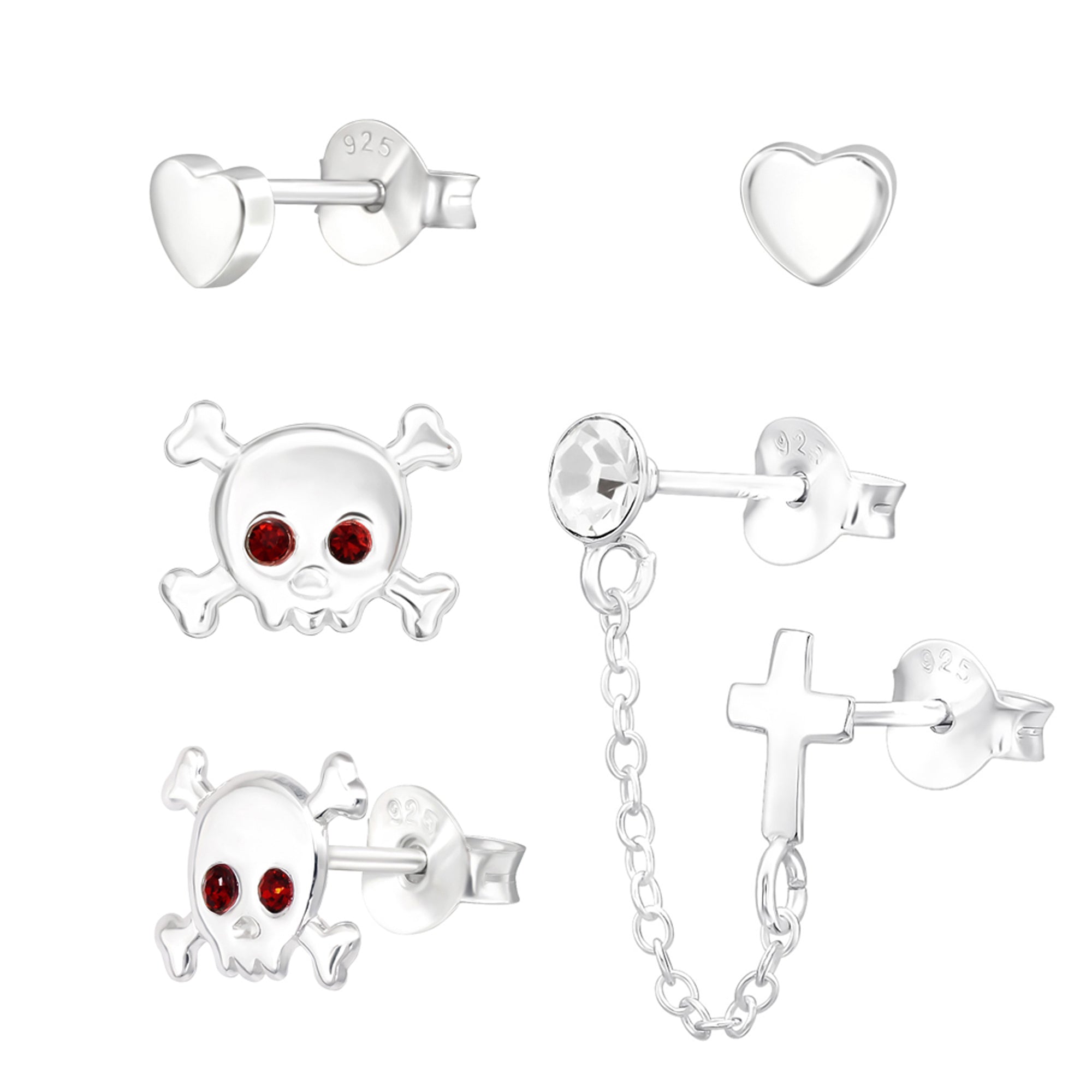 DEADBEAT Rock-Solid 925 Silver Plain Heart Ear Stud, Skull & Crossbones Ear Stud & Single Crystal & Cross Double Ear Stud Gift Pack