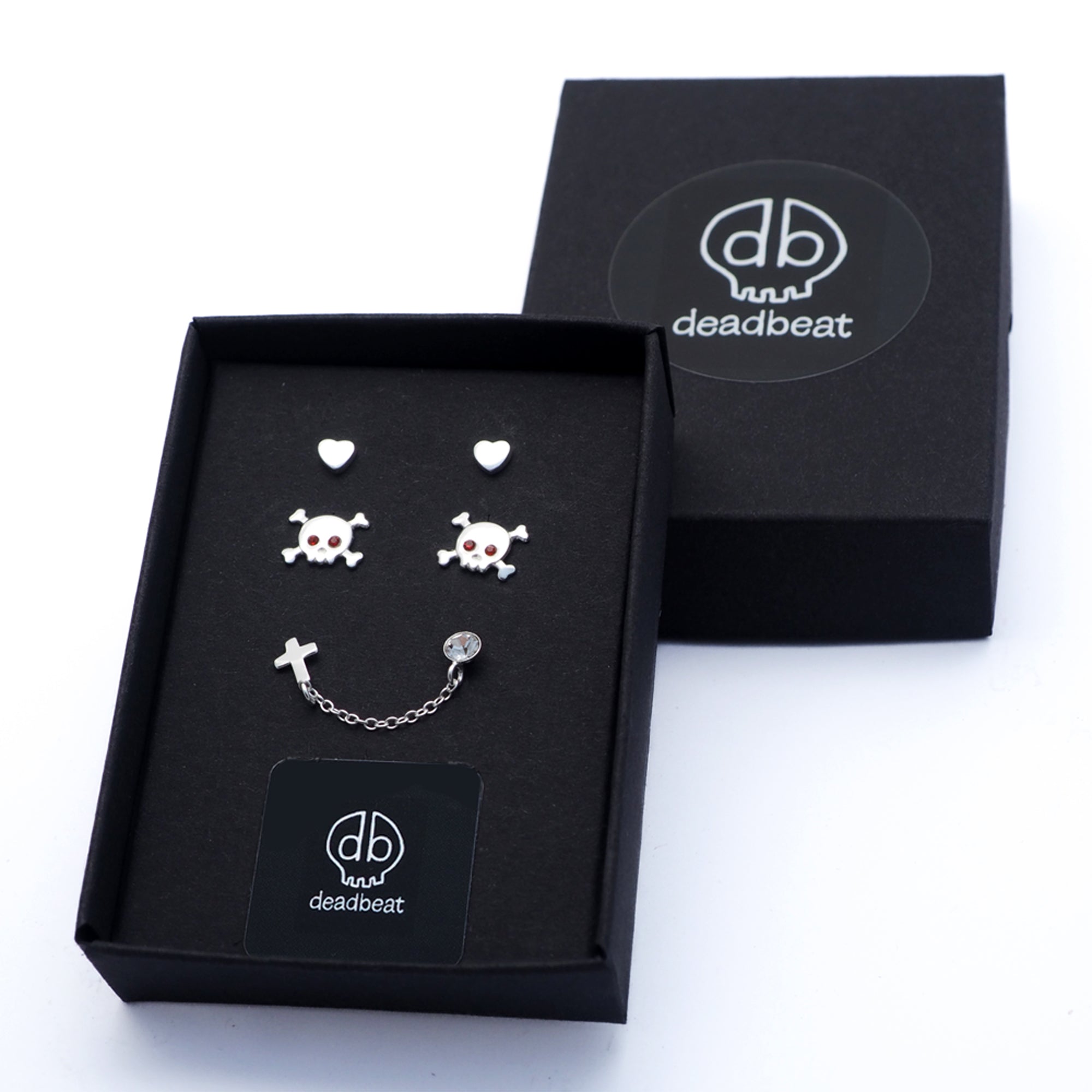 DEADBEAT Rock-Solid 925 Silver Plain Heart Ear Stud, Skull & Crossbones Ear Stud & Single Crystal & Cross Double Ear Stud Gift Pack