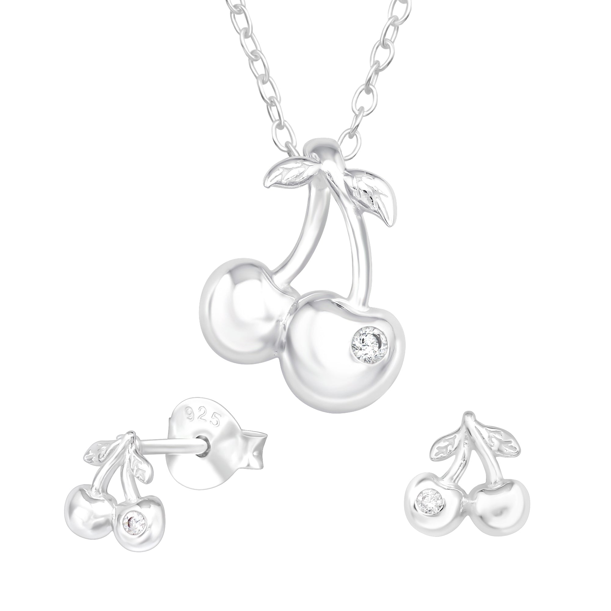 DEADBEAT Rock-Solid 925 Silver Cherry CZ Necklace & Ear Stud Gift Pack