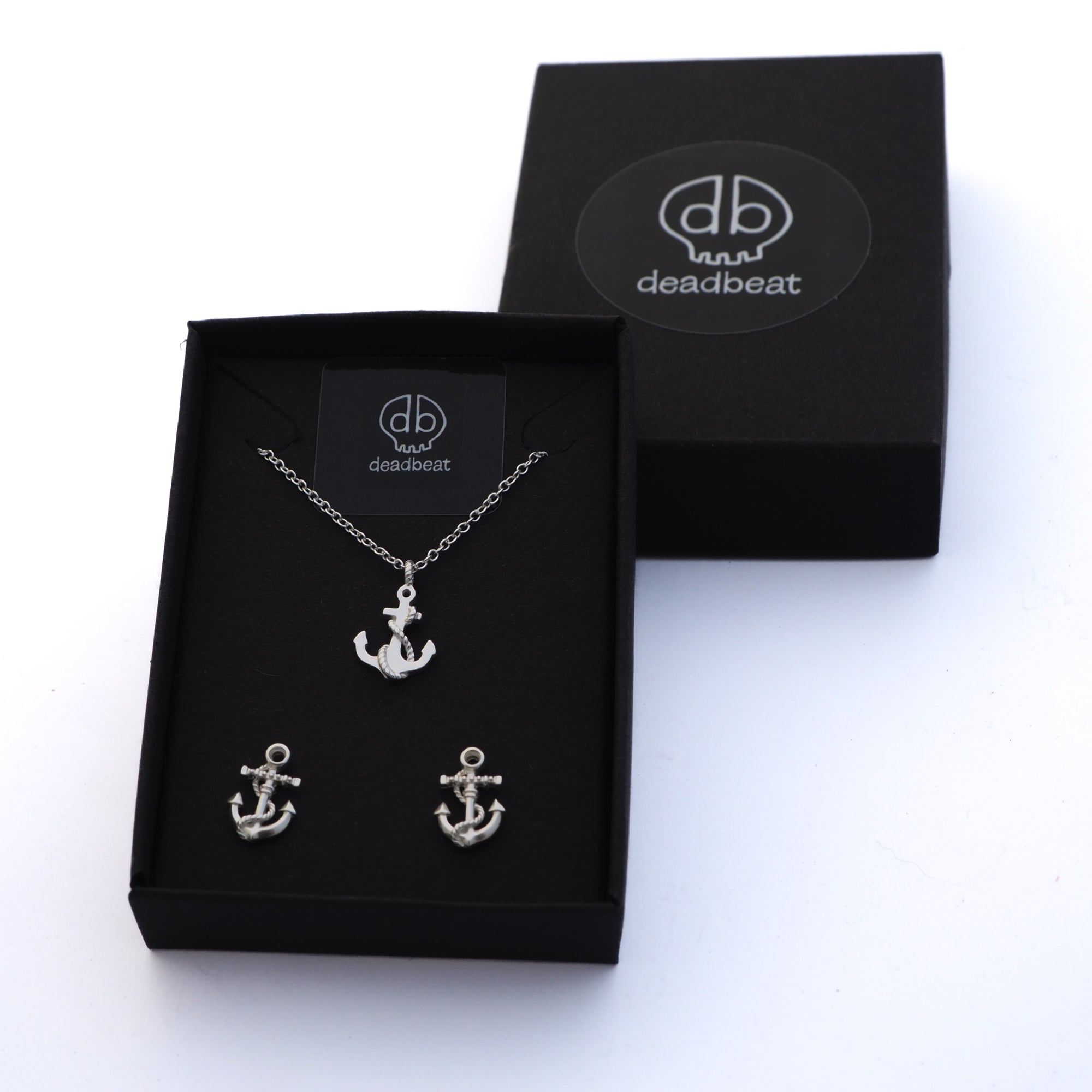 DEADBEAT Rock-Solid 925 Silver Anchor Necklace & Ear Stud Gift Pack