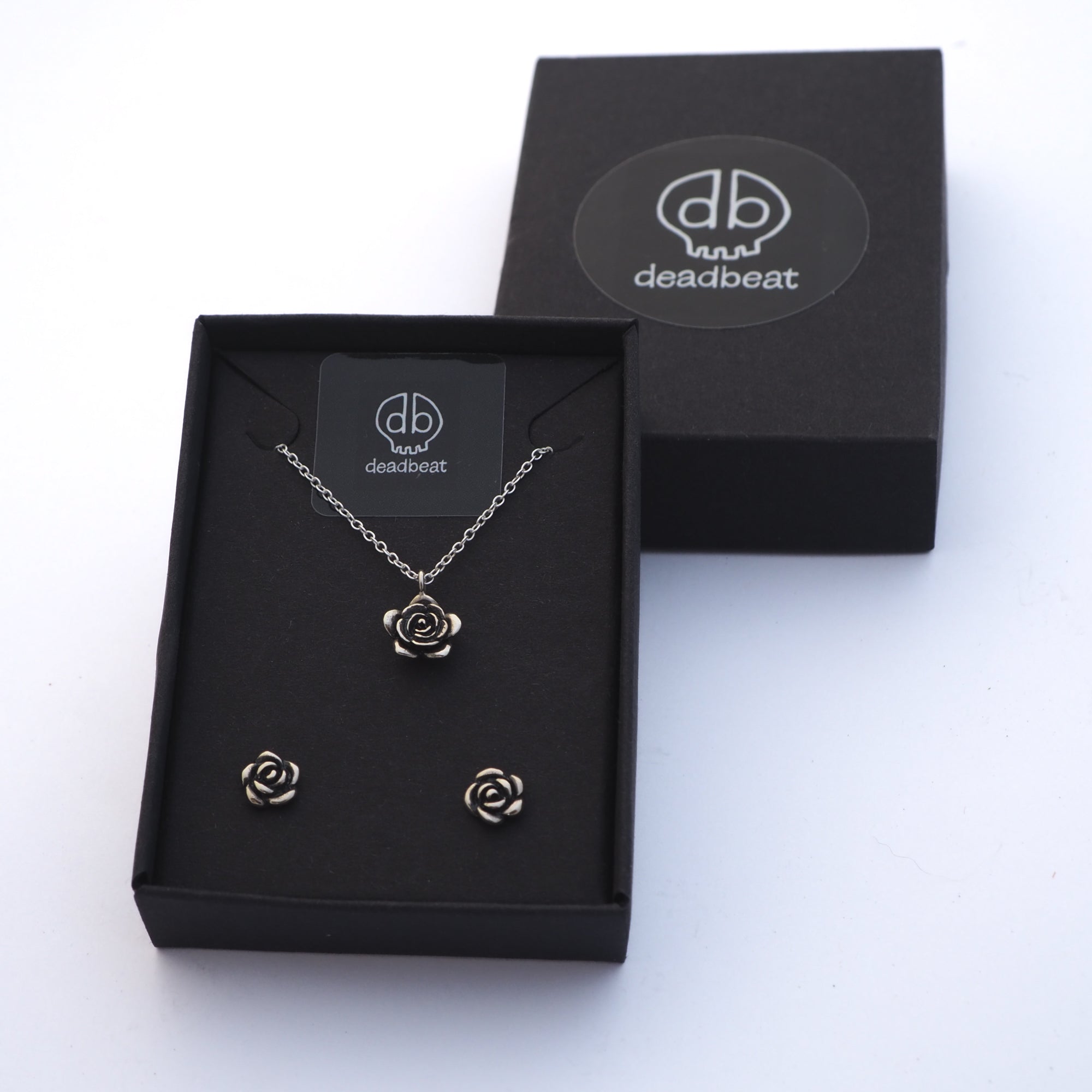 DEADBEAT Rock-Solid 925 Silver Oxidised Rose Necklace & Ear Stud Gift Pack