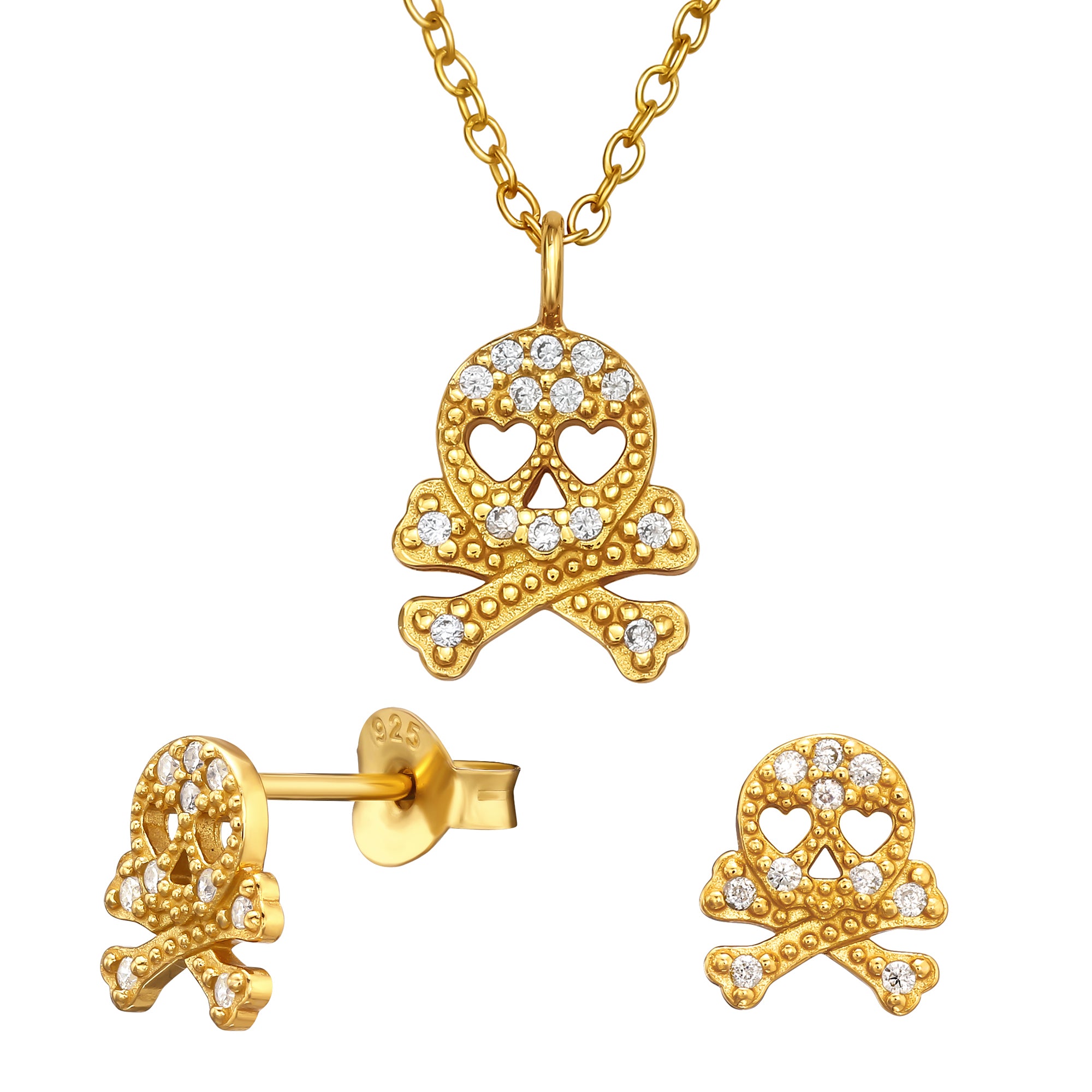 925 Silver 24K Gold Plated CZ Skull & Crossbones Women, Teens Necklace & Ear Stud Gift Pack by db deadbeat