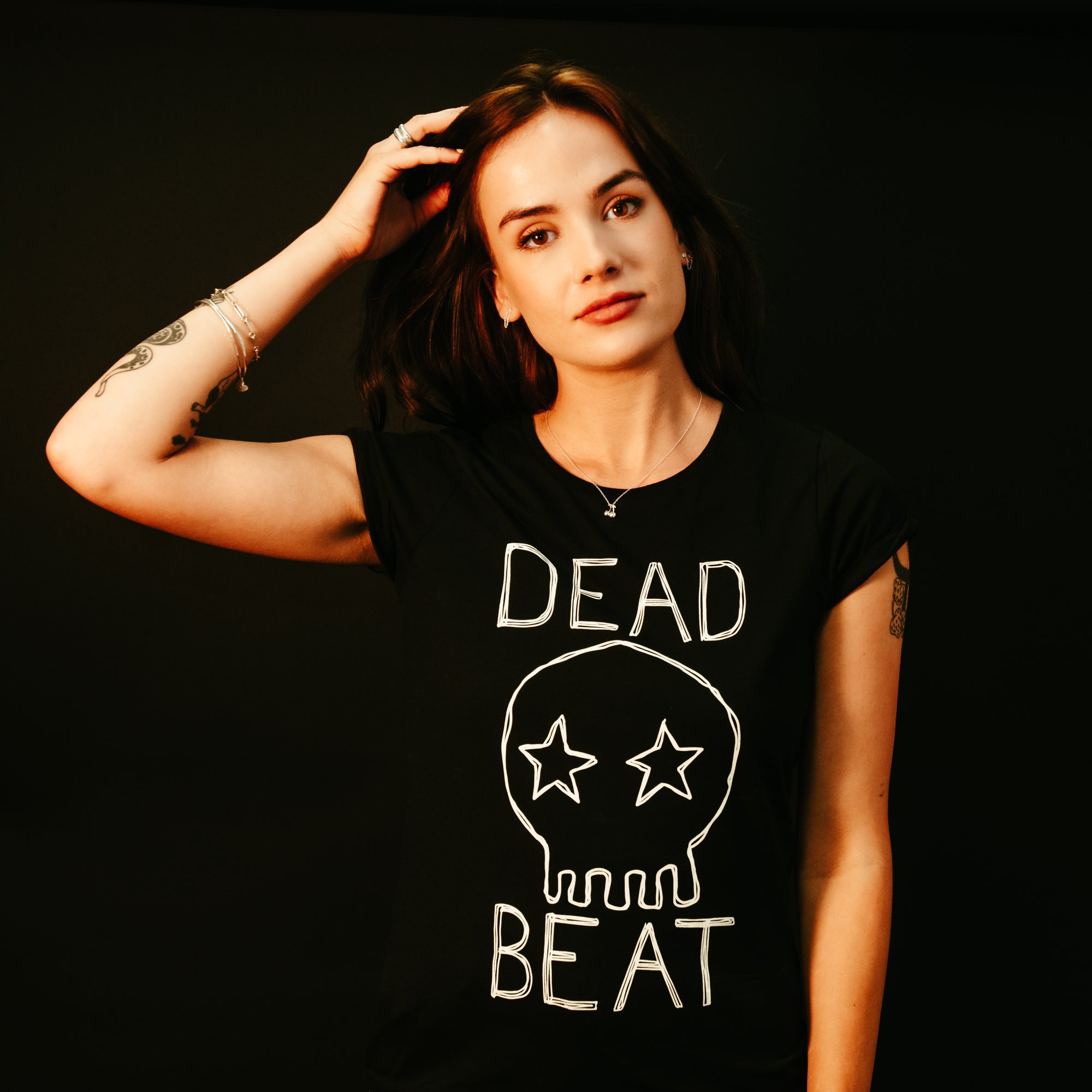 db DEADBEAT Skull Motif Screen Print Eco-Friendly Skinny Fit Black T-Shirt for Women and Teen's