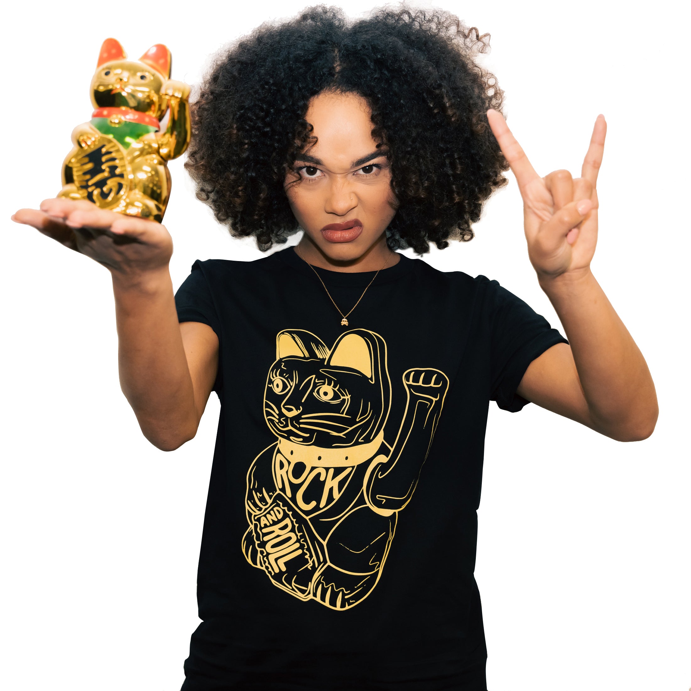 db DEADBEAT Lucky Cat Rock and Roll Motif Screen Printed Eco-Friendly Unisex Black T-Shirt for Men, Women and Teens