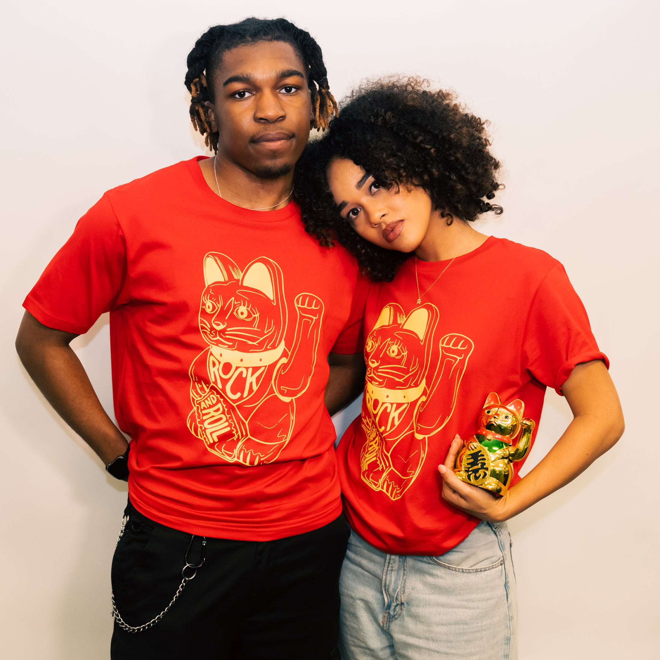db DEADBEAT Lucky Cat Rock and Roll Motif Screen Printed Eco-Friendly Unisex Red T-Shirt for Men, Women and Teens