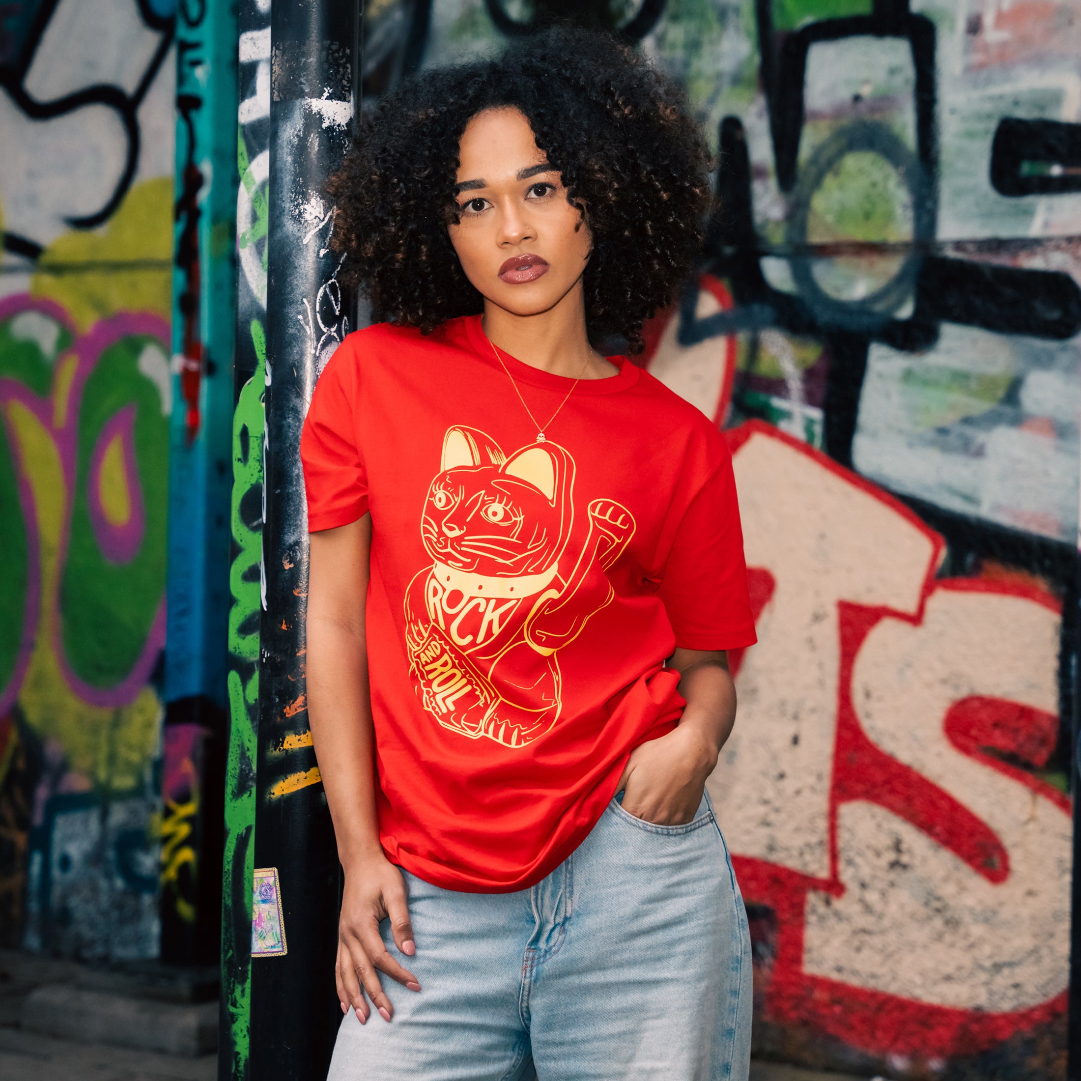 db DEADBEAT Lucky Cat Rock and Roll Motif Screen Printed Eco-Friendly Unisex Red T-Shirt for Men, Women and Teens