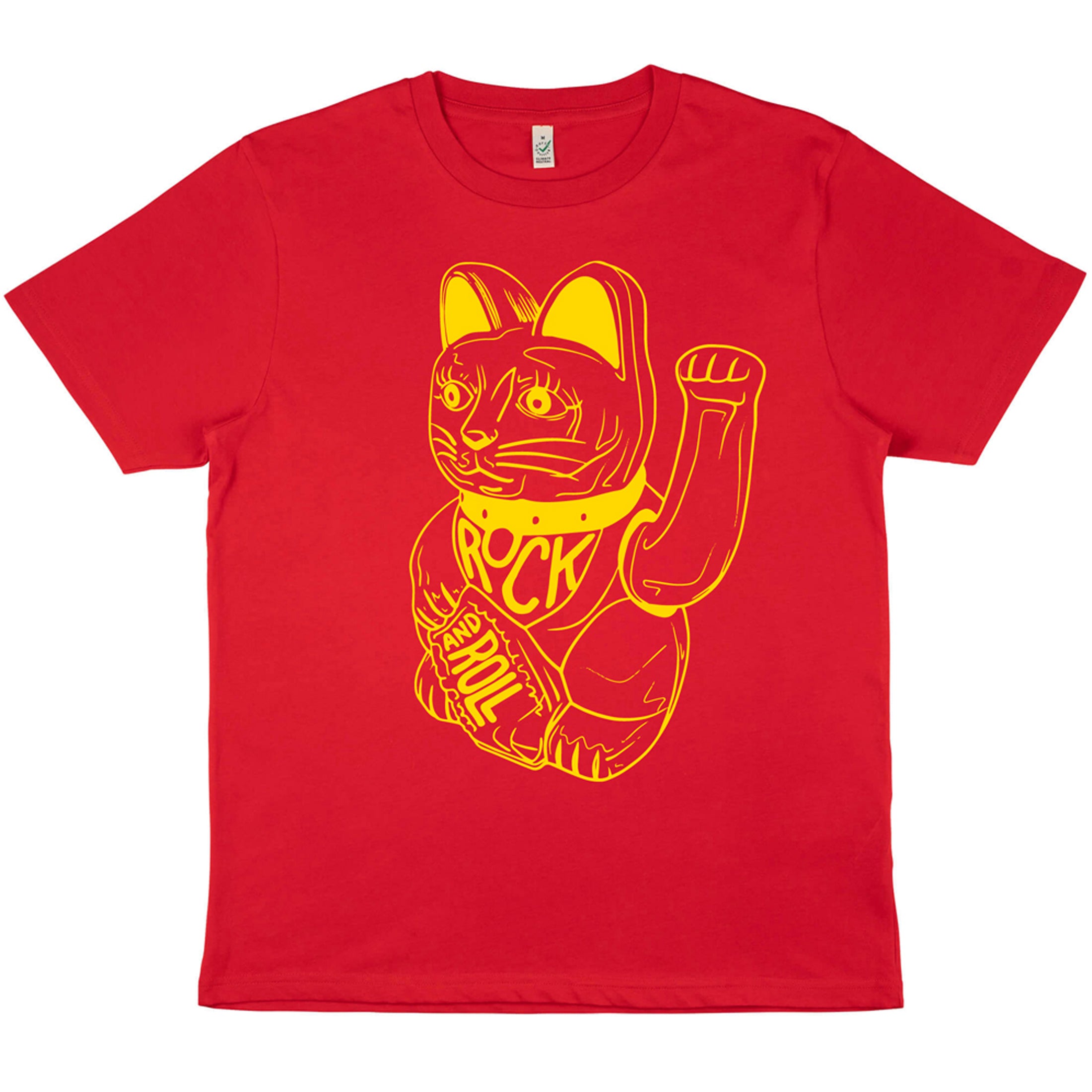 db DEADBEAT Lucky Cat Rock and Roll Motif Screen Printed Eco-Friendly Unisex Red T-Shirt for Men, Women and Teens