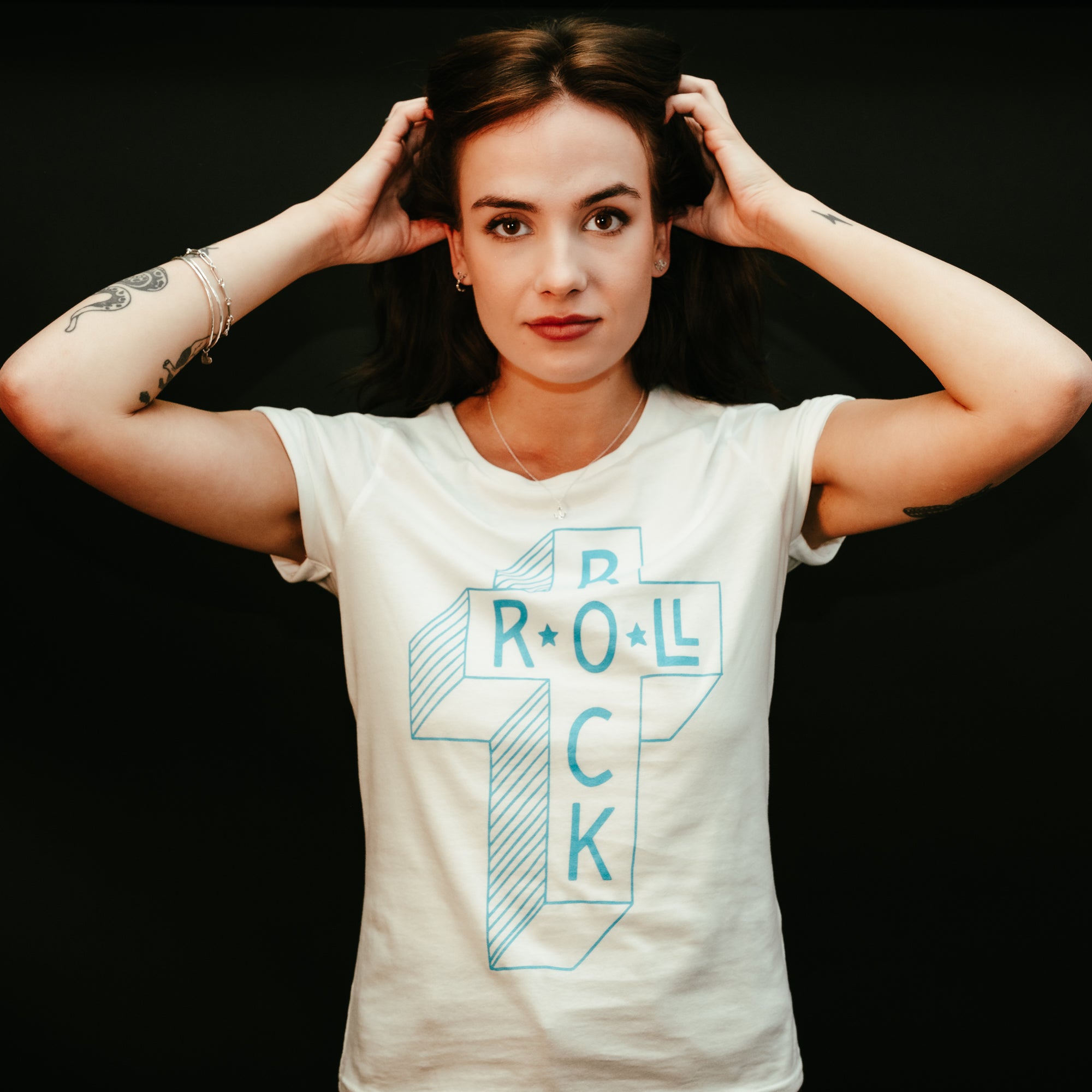 db DEADBEAT Rock and Roll Cross Motif Screen Printed Eco-Friendly Skinny Fit White T-Shirt for Women and Teens