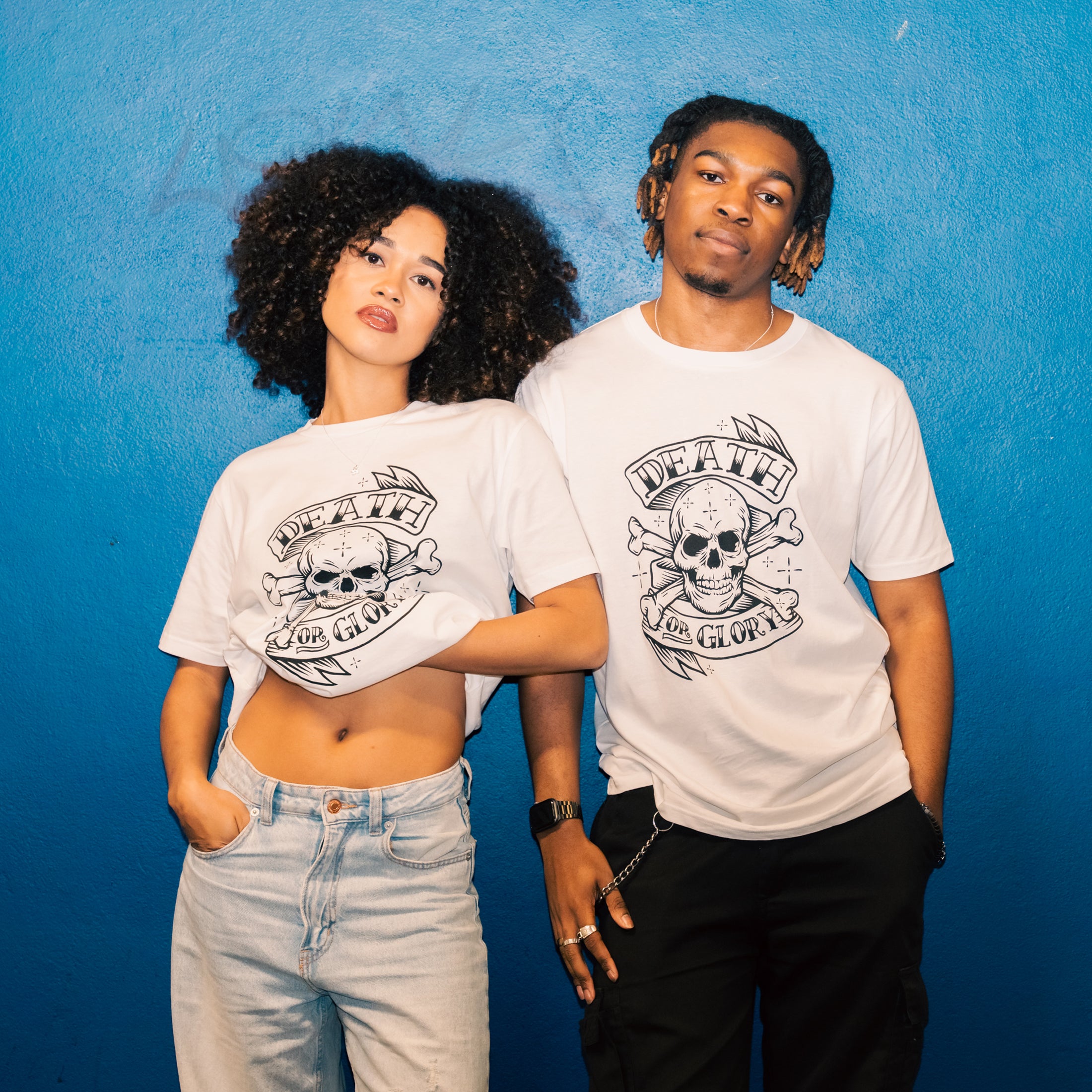 db DEADBEAT Death or Glory Skull Motif Screen Printed Eco-Friendly Unisex White T-Shirt for Men, Women and Teens