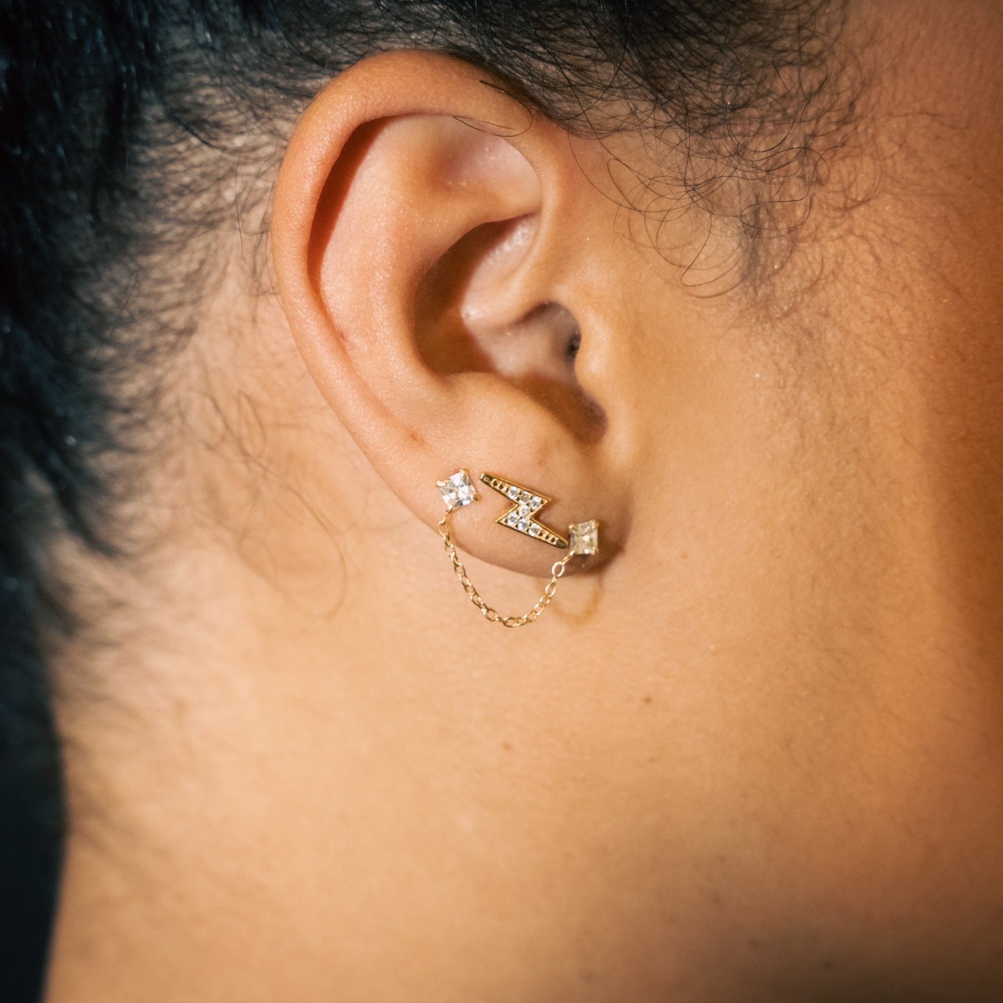 24K Gold Plated Double CZ Single Silver Ear Stud & 24K Plated Lightning Bolt CZ Silver Ear Stud Gift Set by db deadbeat