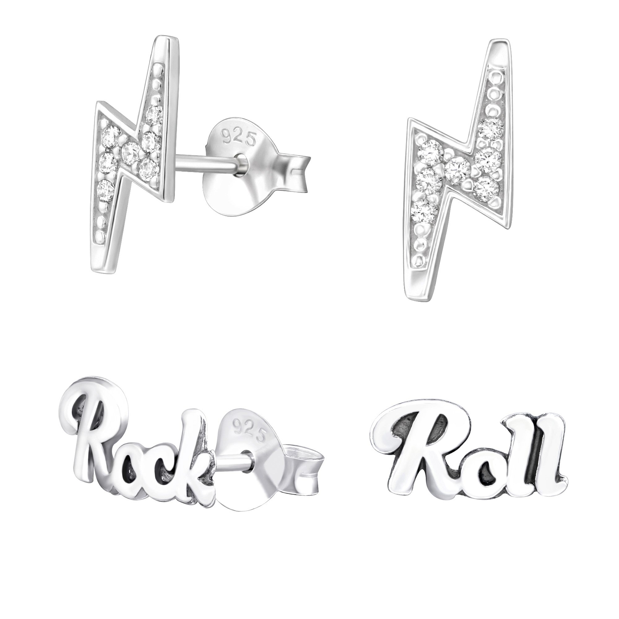 db DEADBEAT 925 Silver CZ Lightning Bolt Ear Stud & Oxidised Rock 'n Roll Ear Stud Gift Pack