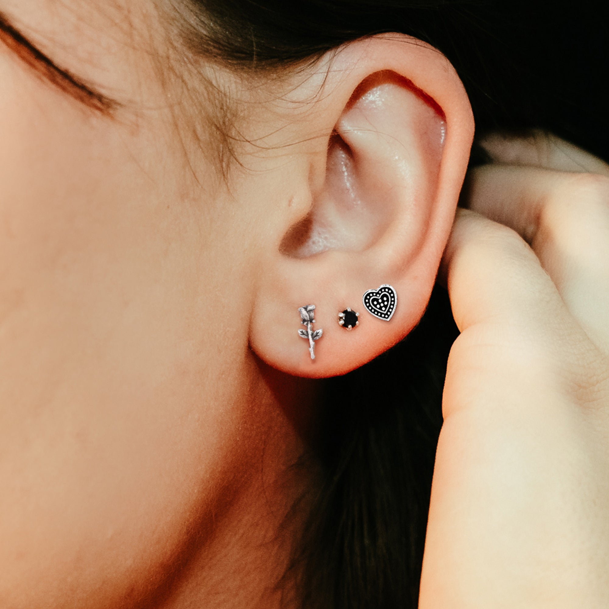 DEADBEAT Rock-Solid 925 Silver -CZ Stone Ear Stud, Oxidised Heart Ear Stud & Oxidised Rose Stem Ear Stud Gift Pack