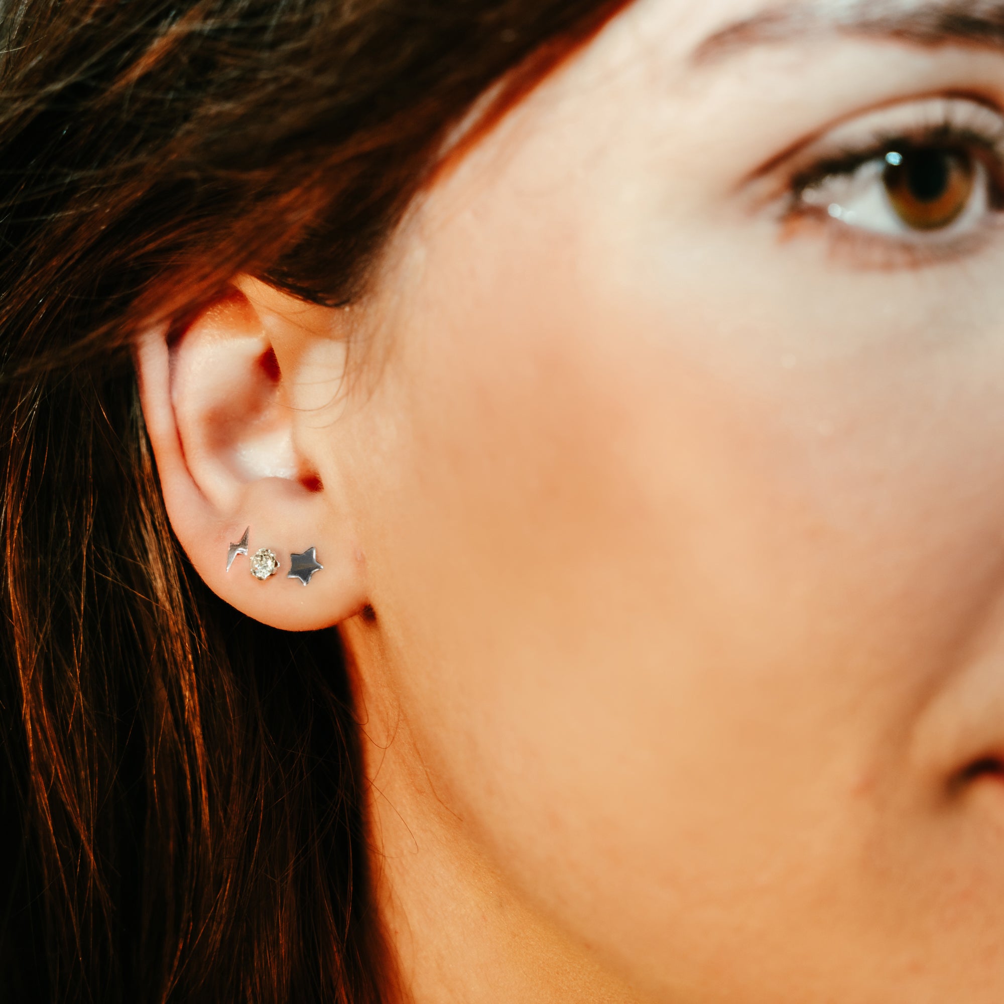 DEADBEAT Rock-Solid 925 Silver Platinum Plated Star Ear Stud, Platinum Plated CZ Stone Ear Stud & Platinum Plated Lightning Bolt Ear Stud Gift Pack