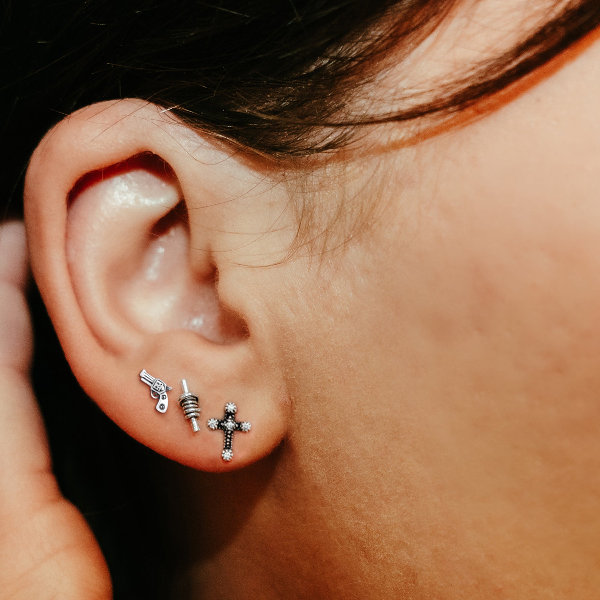 DEADBEAT Rock-Solid 925 Silver Oxidised Barbed Wire Ear Stud, Oxidised Clear Crystal Gothic Cross Ear Stud & Revolver Gun Ear Stud Gift Pack