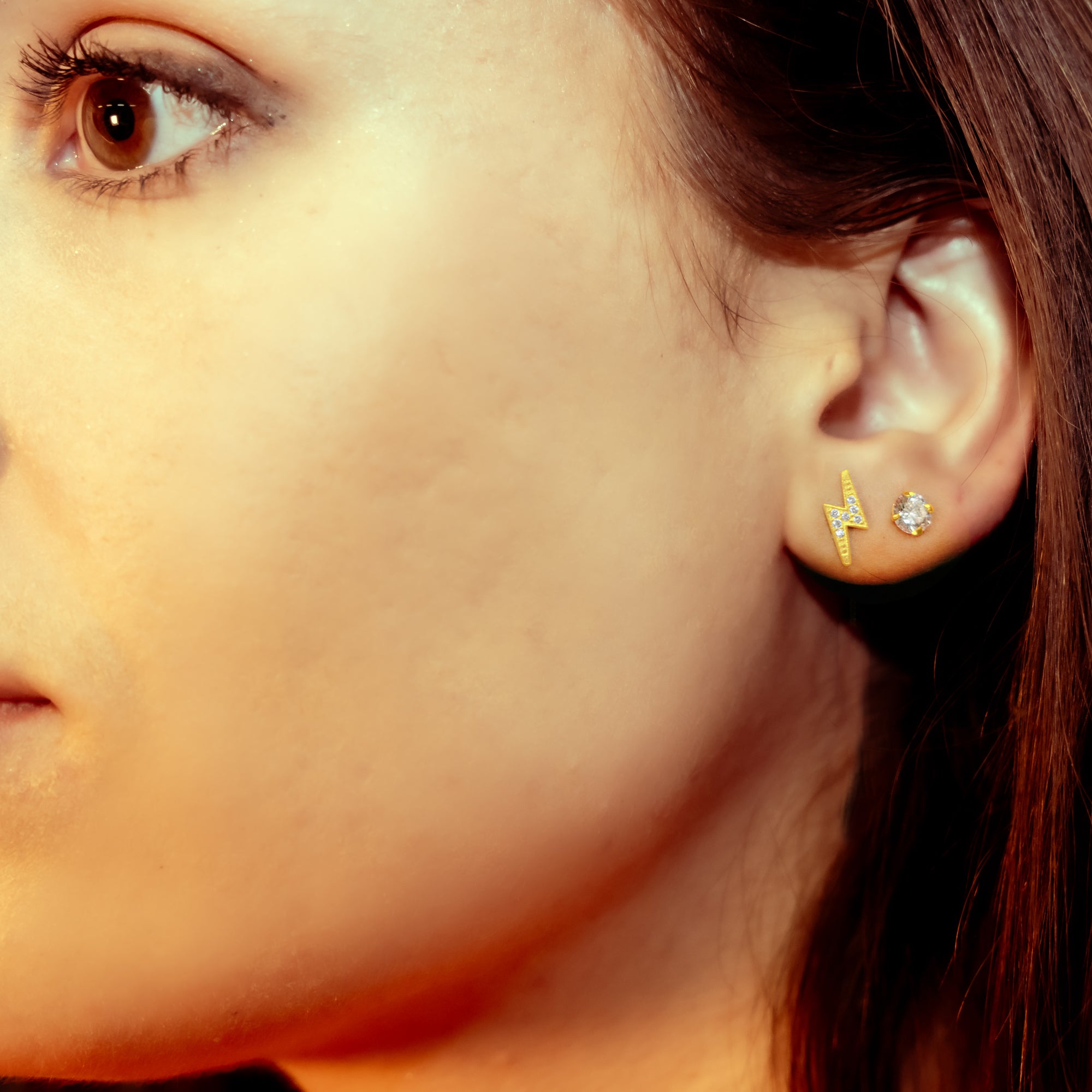 DEADBEAT Rock-Solid 925 Silver 24ct Gold Plated CZ Ear Stud & CZ Lightning Bolt Ear Stud Gift Pack