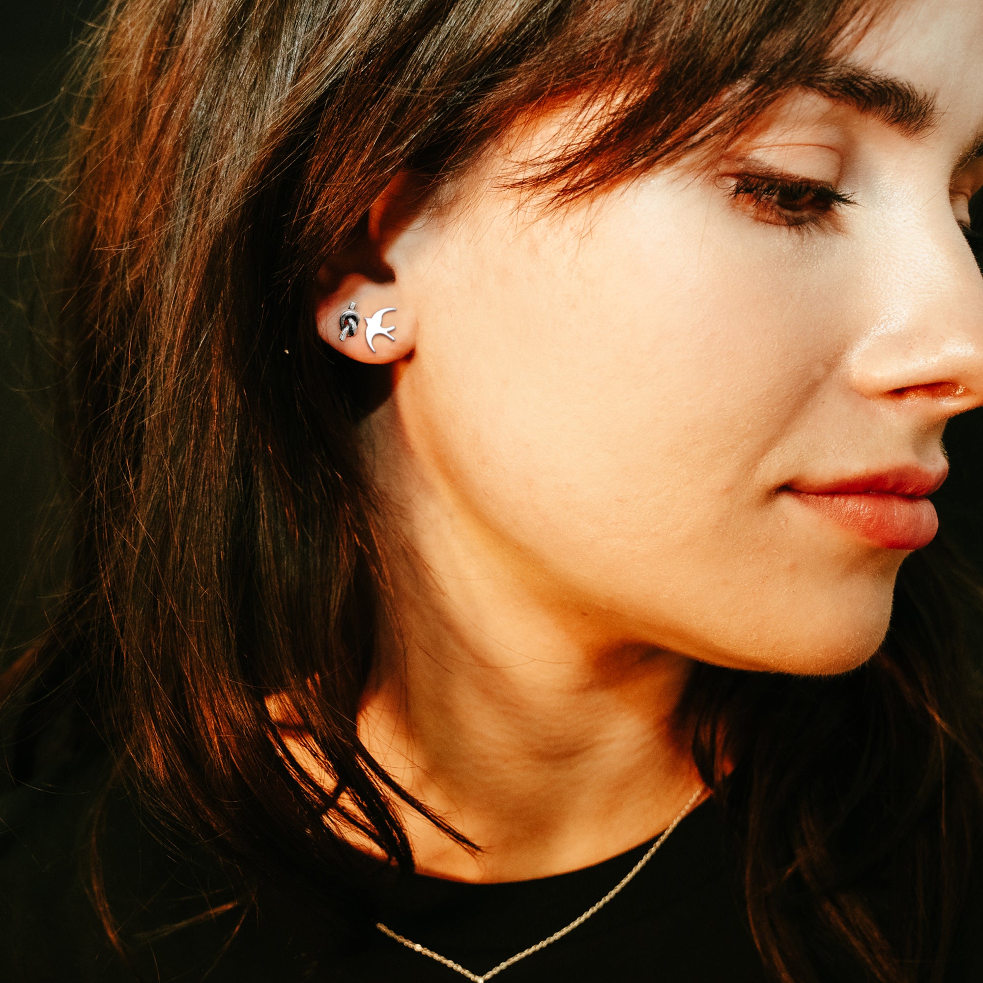 DEADBEAT Rock-Solid 925 Silver Oxidised Knot Ear Stud, Swallow Ear Stud & Anchor Ear Stud Gift Pack