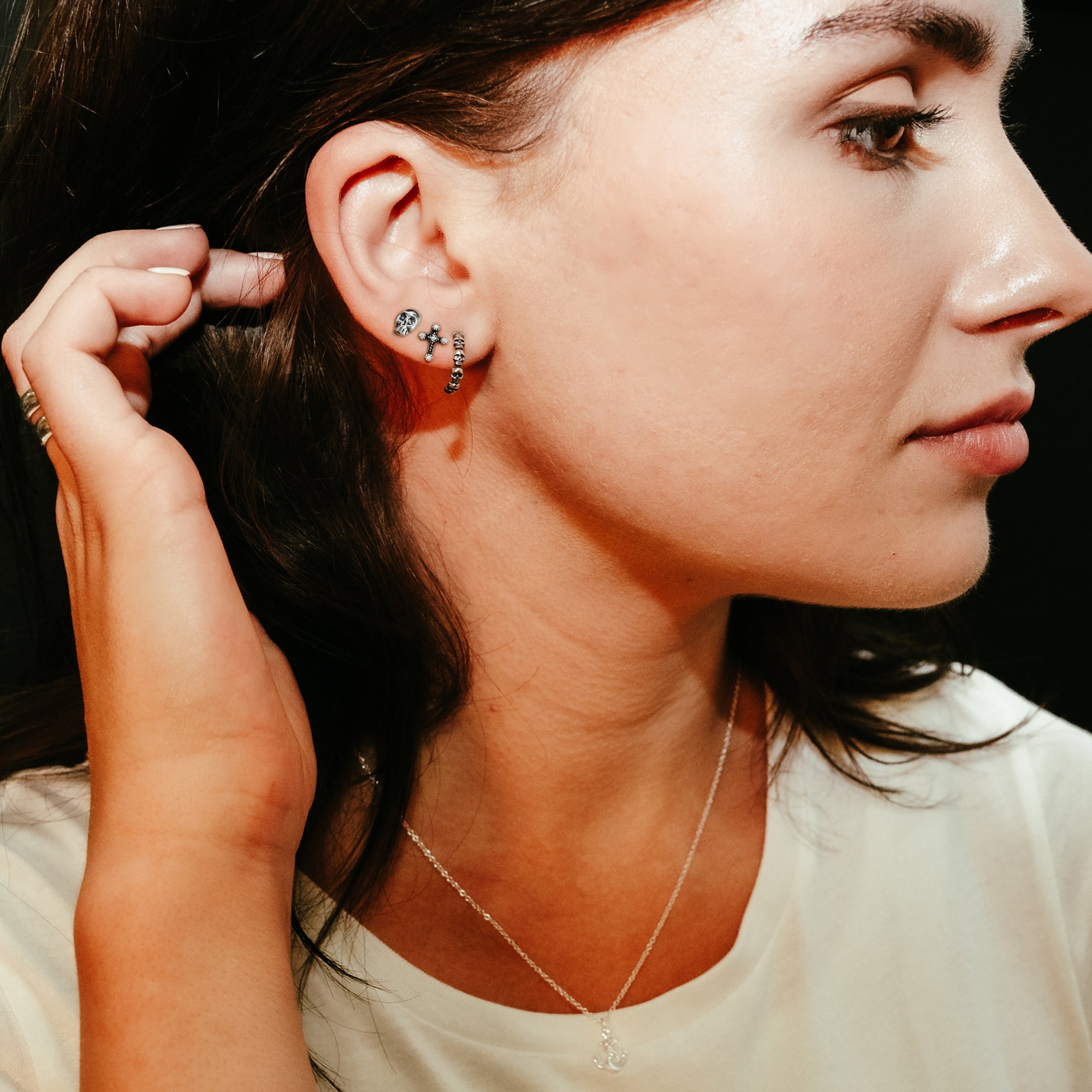 DEADBEAT Rock-Solid 925 Silver Oxidised Crystal Eyed Skull Ear Stud, Oxidised CZ Gothic Cross Ear Stud & Oxidised Skull Hoop Ear Stud Gift Pack