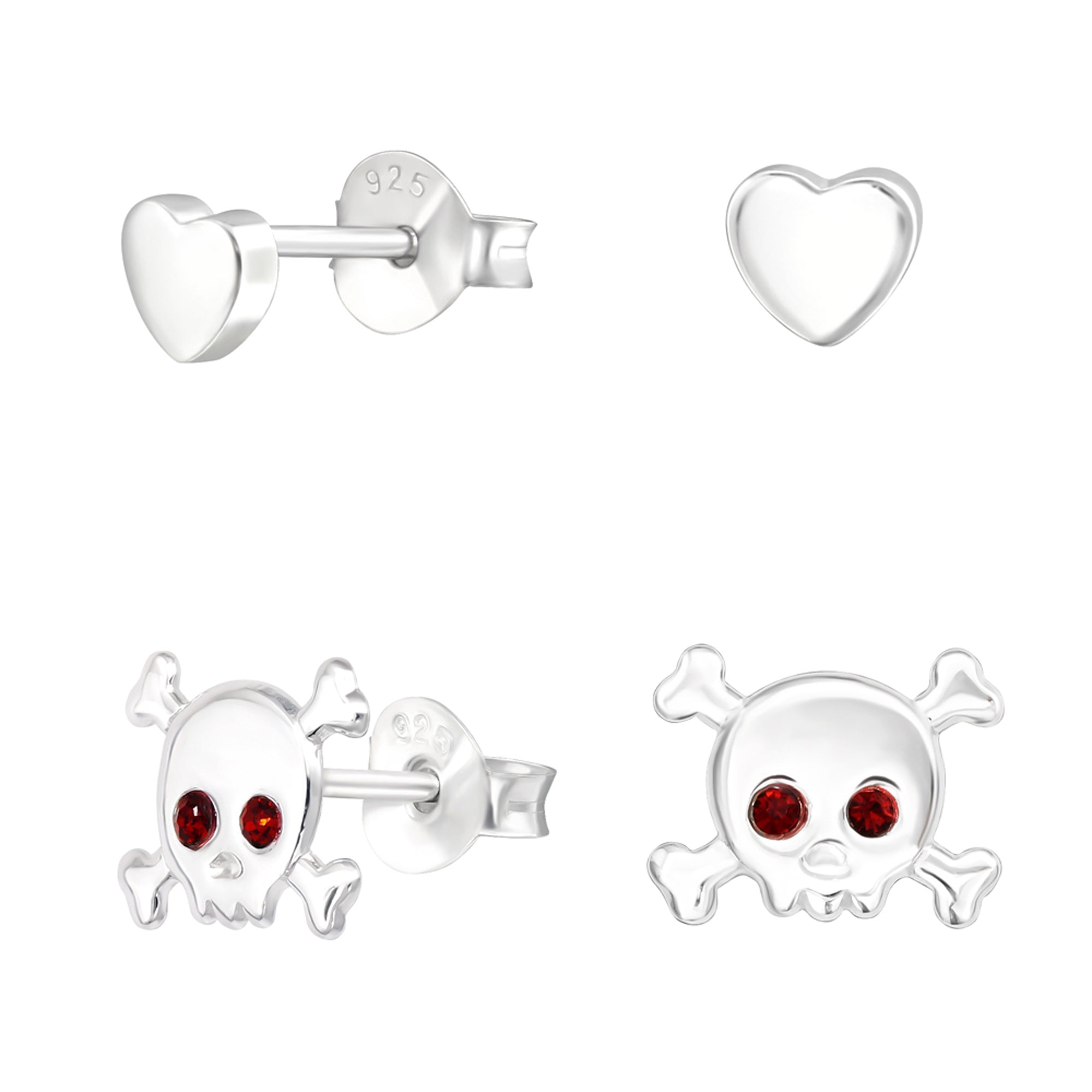 DEADBEAT Rock-Solid 925 Recycled Silver Rock Solid Heart Ear Stud & Red Crystal Eyed Skull & Crossbones Ear Stud Pack