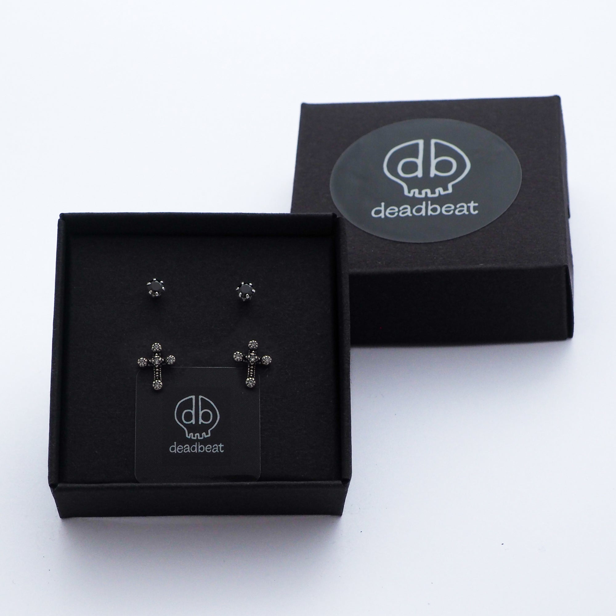 DEADBEAT Rock-Solid 925 Silver Black CZ Ear Stud & Oxidised CZ Gothic Cross Ear Stud Gift Pack