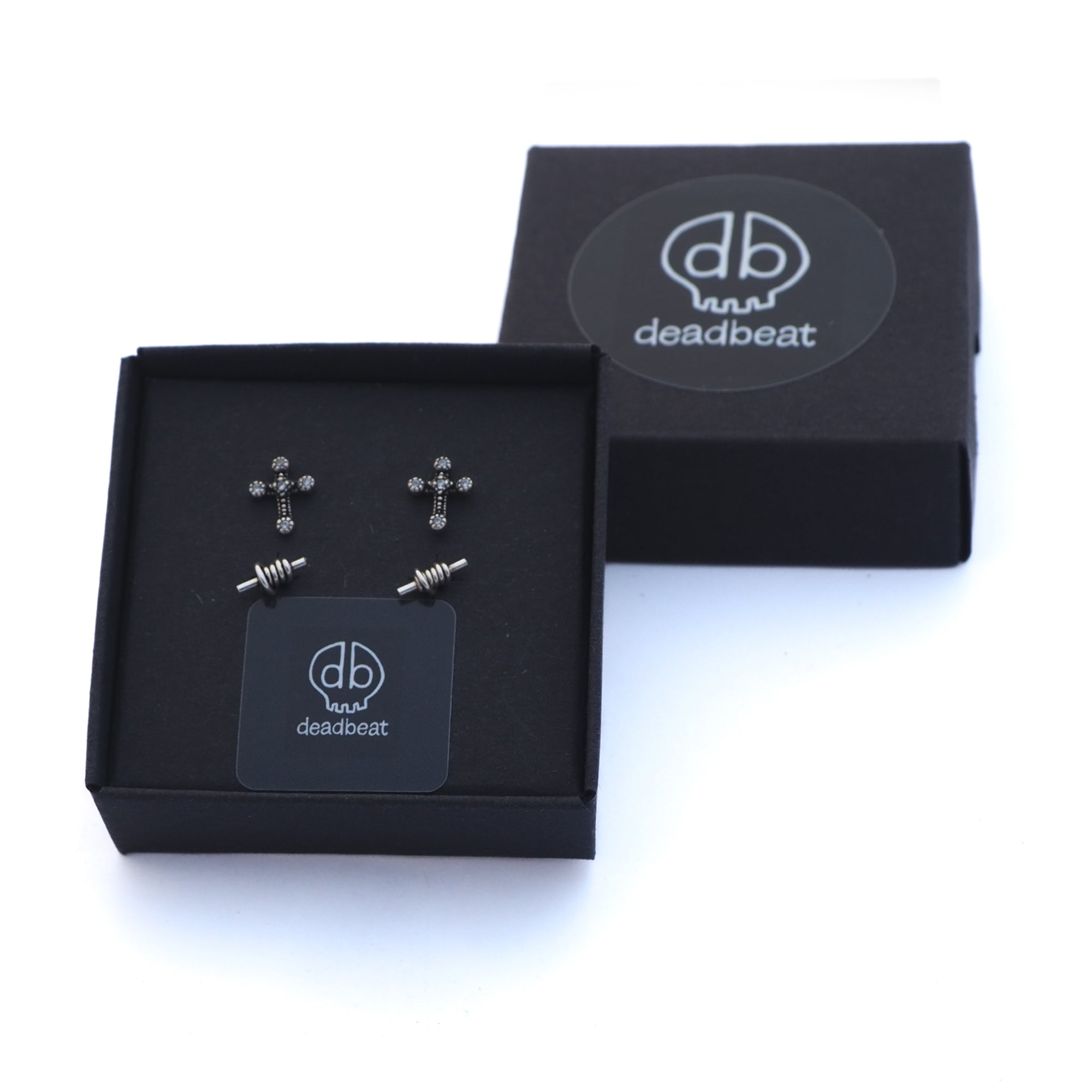DEADBEAT  Rock- Solid 925 Silver Oxidised Barbed Wire Ear Stud & Oxidised Clear Crystal Gothic Cross Ear Stud Gift Pack