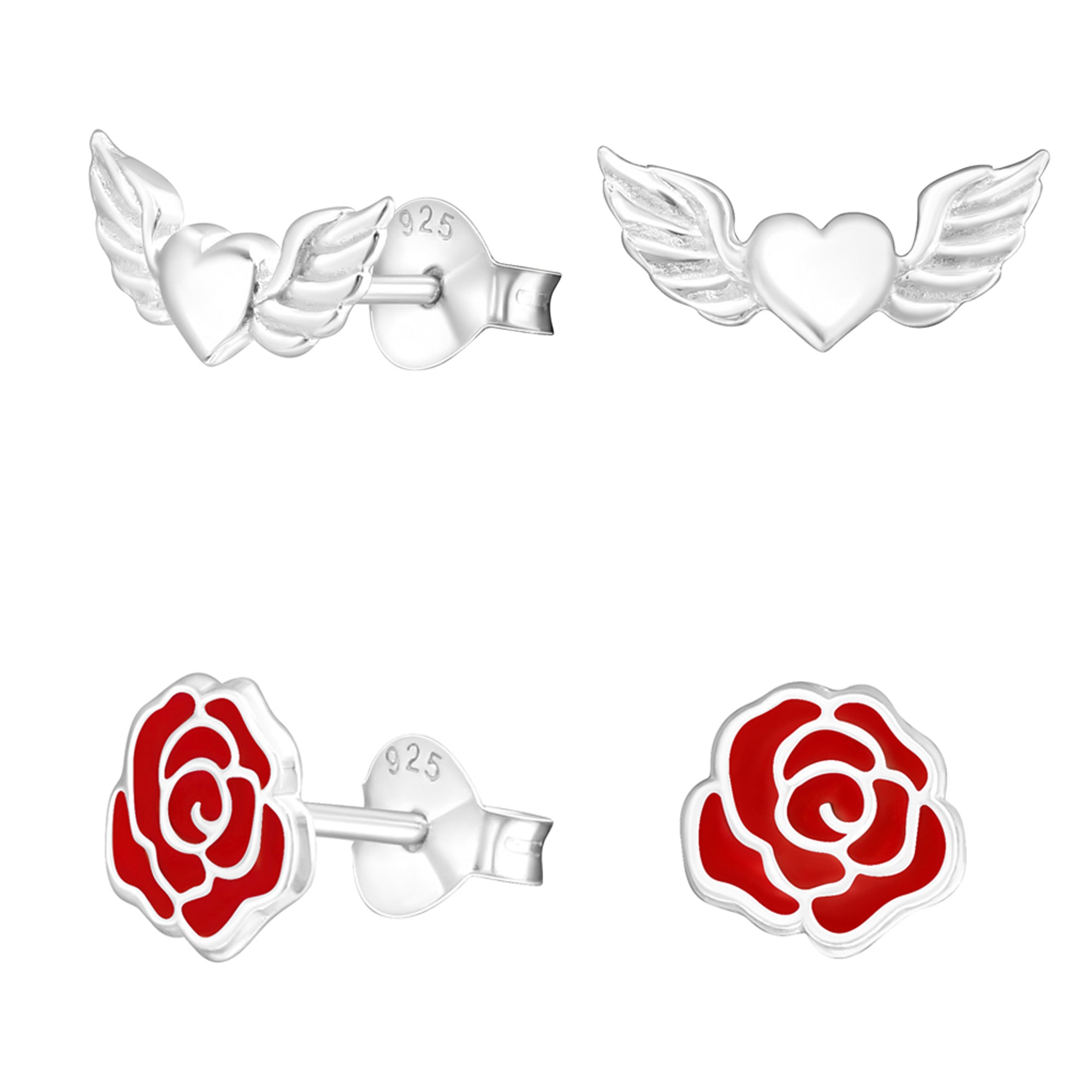 DEADBEAT Rock-Solid 925 Recycled Silver Winged Heart Ear Stud & Tattoo Rose Ear Stud Gift Pack