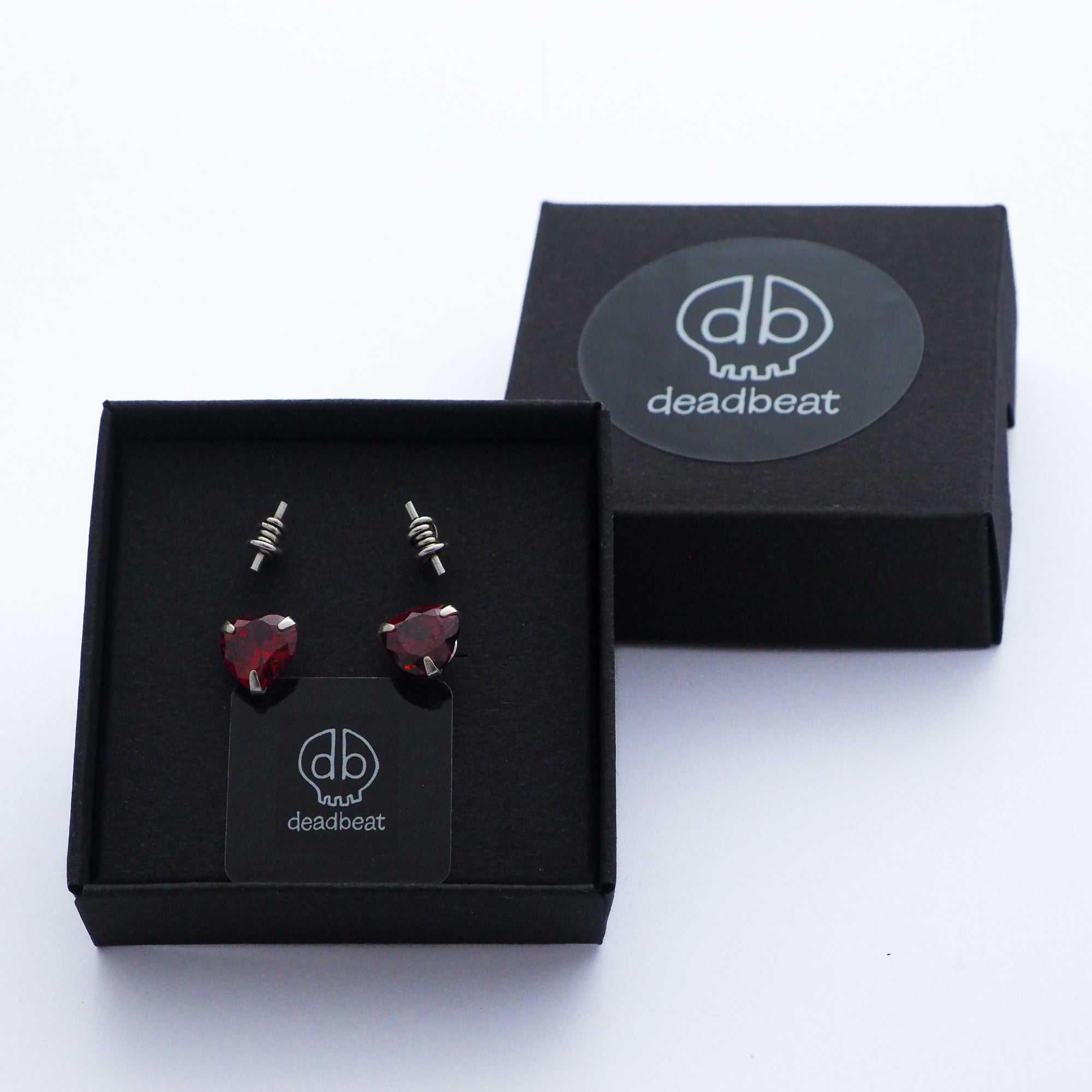 DEADBEAT Rock-Solid 925 Silver Blood Red CZ Heart Ear Stud & Oxidised Barbed Wire Ear Stud Gift Pack
