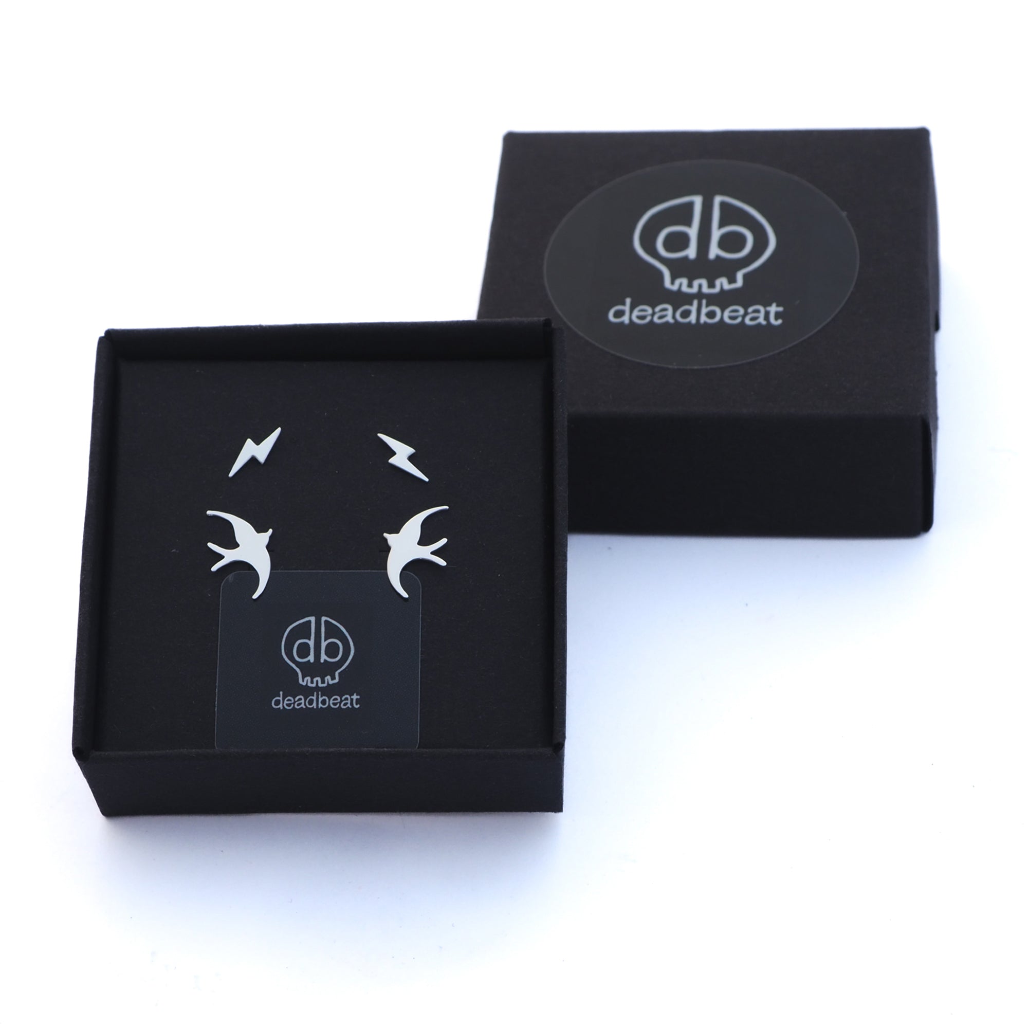 DEADBEAT Rock-Solid 925 Silver Lightning Bolt Ear Stud & Swallow Ear Stud Gift Pack