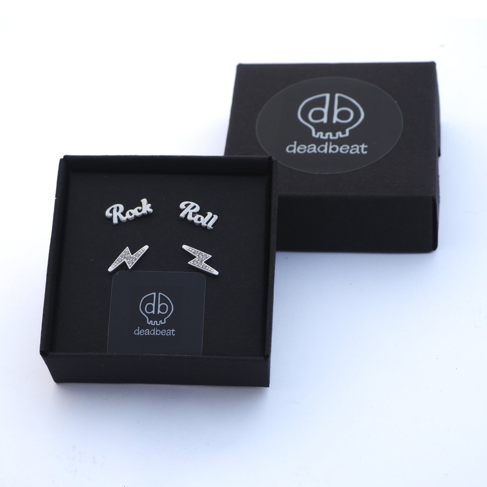 DEADBEAT Rock-Solid 925 Silver CZ Lightning Bolt Ear Stud & Oxidised Rock 'n Roll Ear Stud Gift Pack