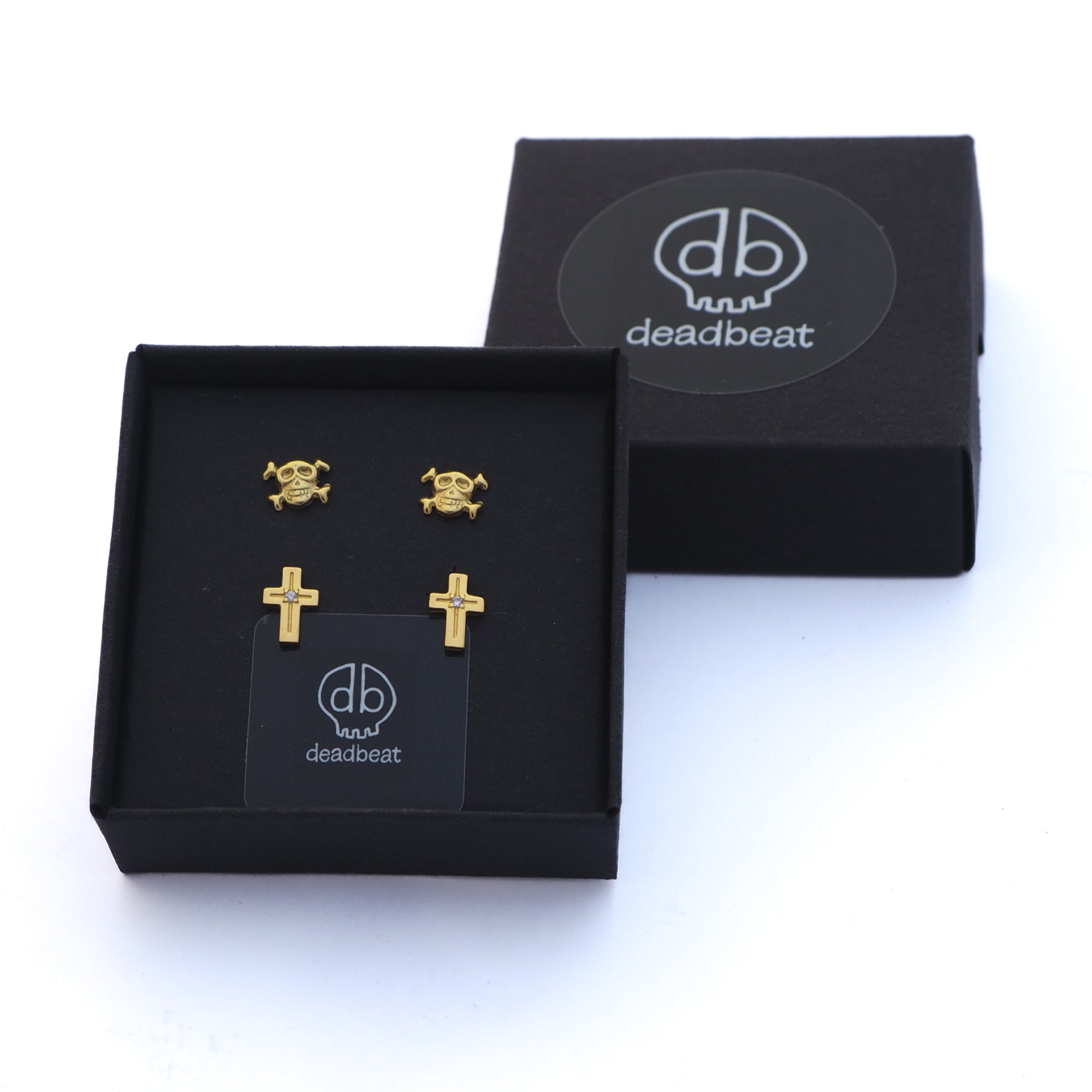 DEADBEAT Rock-Solid 925 Silver 24ct Gold Plated Skull & Crossbones Ear Stud & 24ct Gold Plated CZ Cross Ear Stud Gift Pack