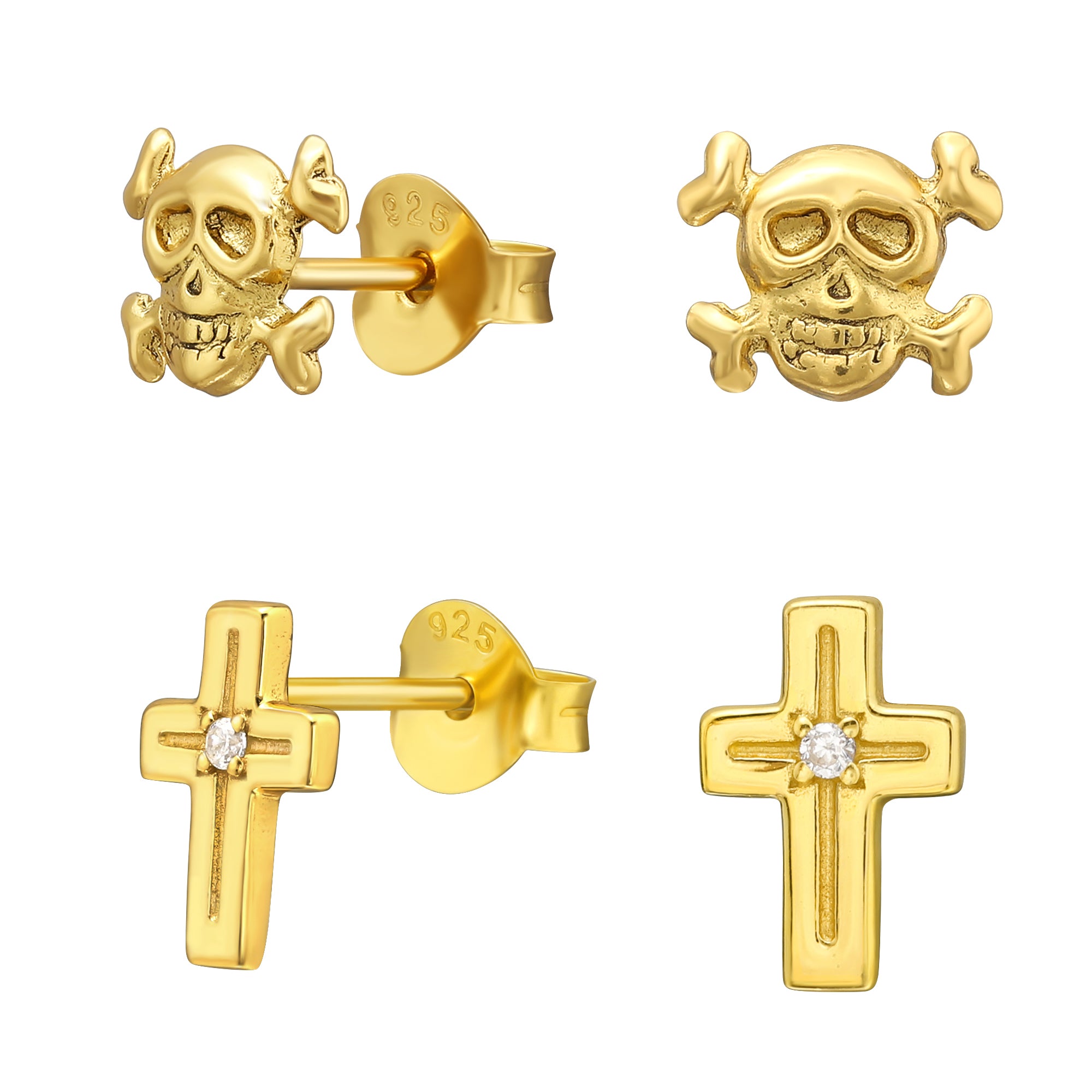 DEADBEAT Rock-Solid 925 Silver 24ct Gold Plated Skull & Crossbones Ear Stud & 24ct Gold Plated CZ Cross Ear Stud Gift Pack