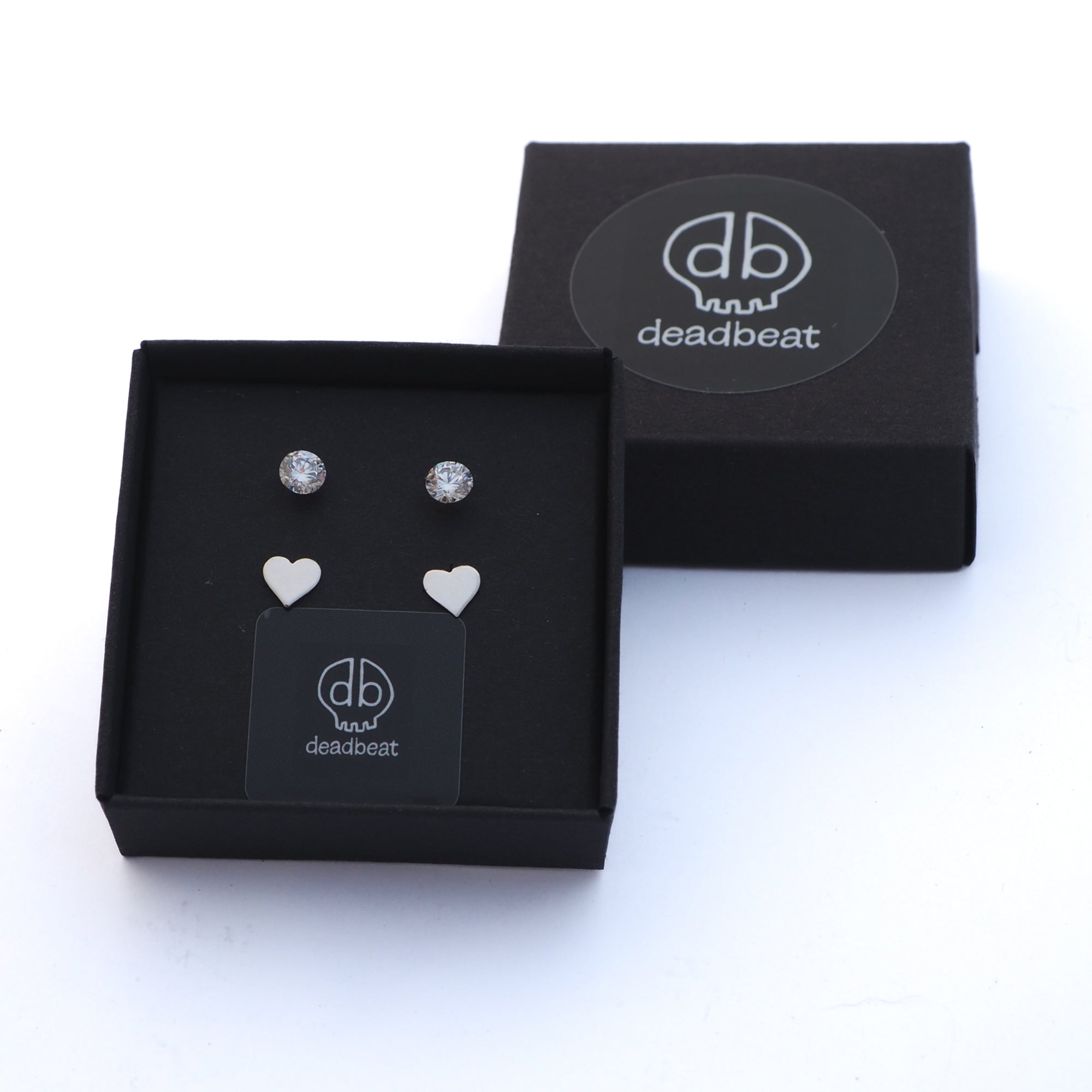 DEADBEAT Rock-Solid 925 Silver Platinum Plated CZ Ear Stud & Platinum Plated Heart Ear Stud Gift Pack