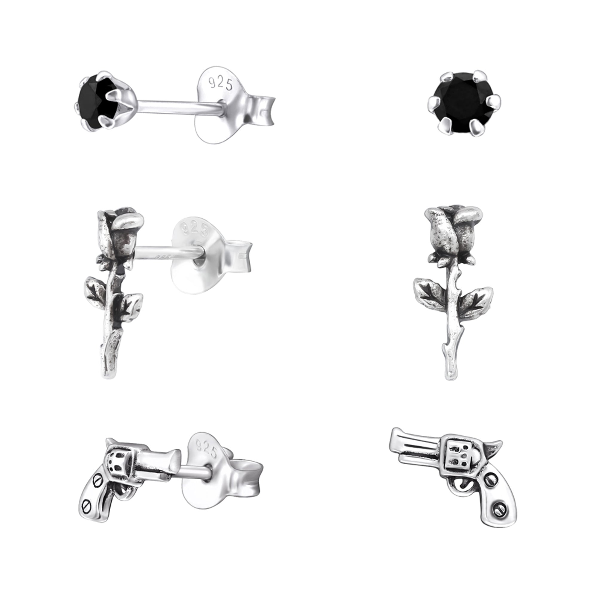 DEADBEAT Rock-Solid 925 Silver Black CZ Crystal Ear Stud, Rose Stem Ear Stud & Revolver Gun Ear Stud Gift Pack