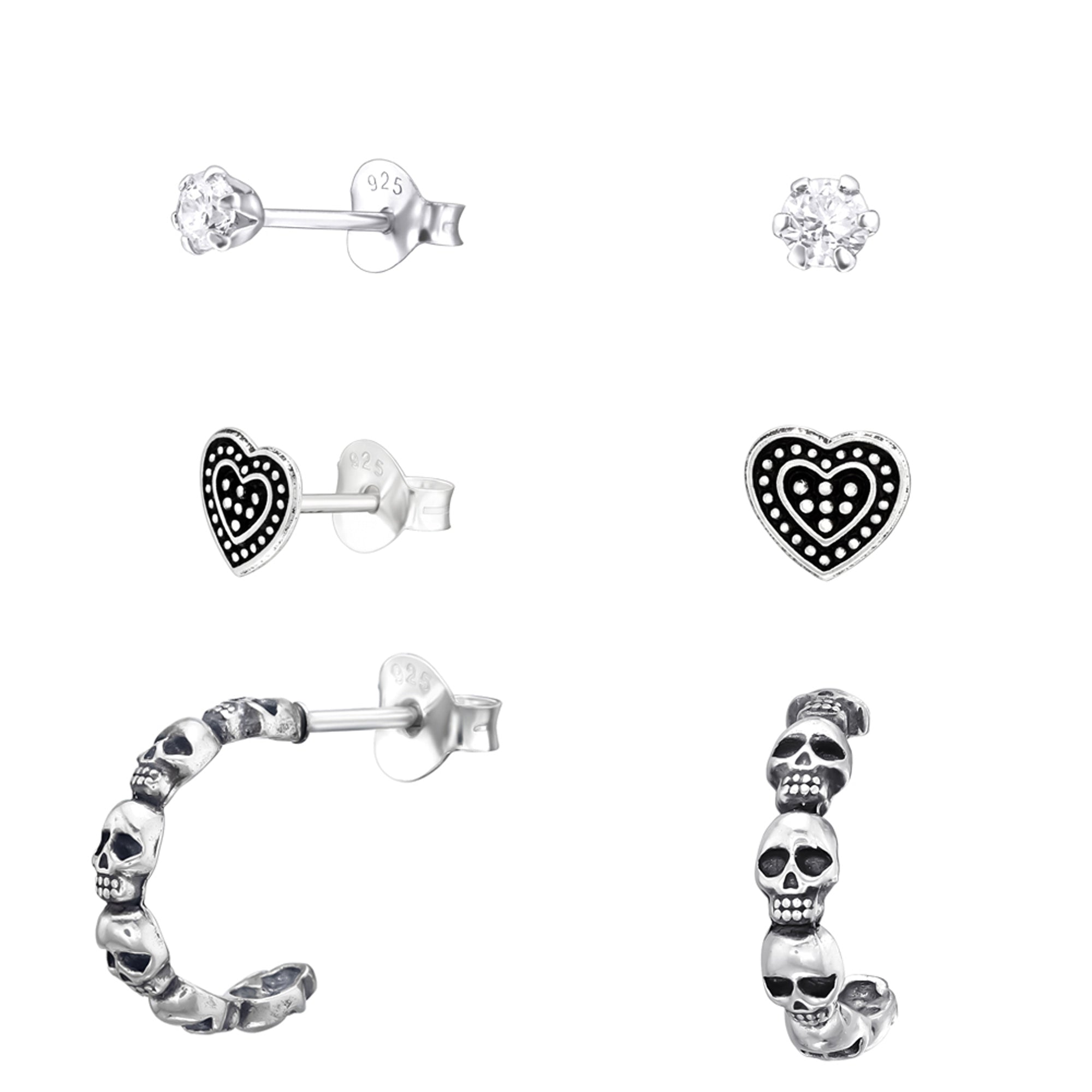 DEADBEAT Rock-Solid 925 Silver CZ Stone Ear Stud, Oxidised Heart Ear Stud & Oxidised Skull Hoop Ear Stud Gift Pack