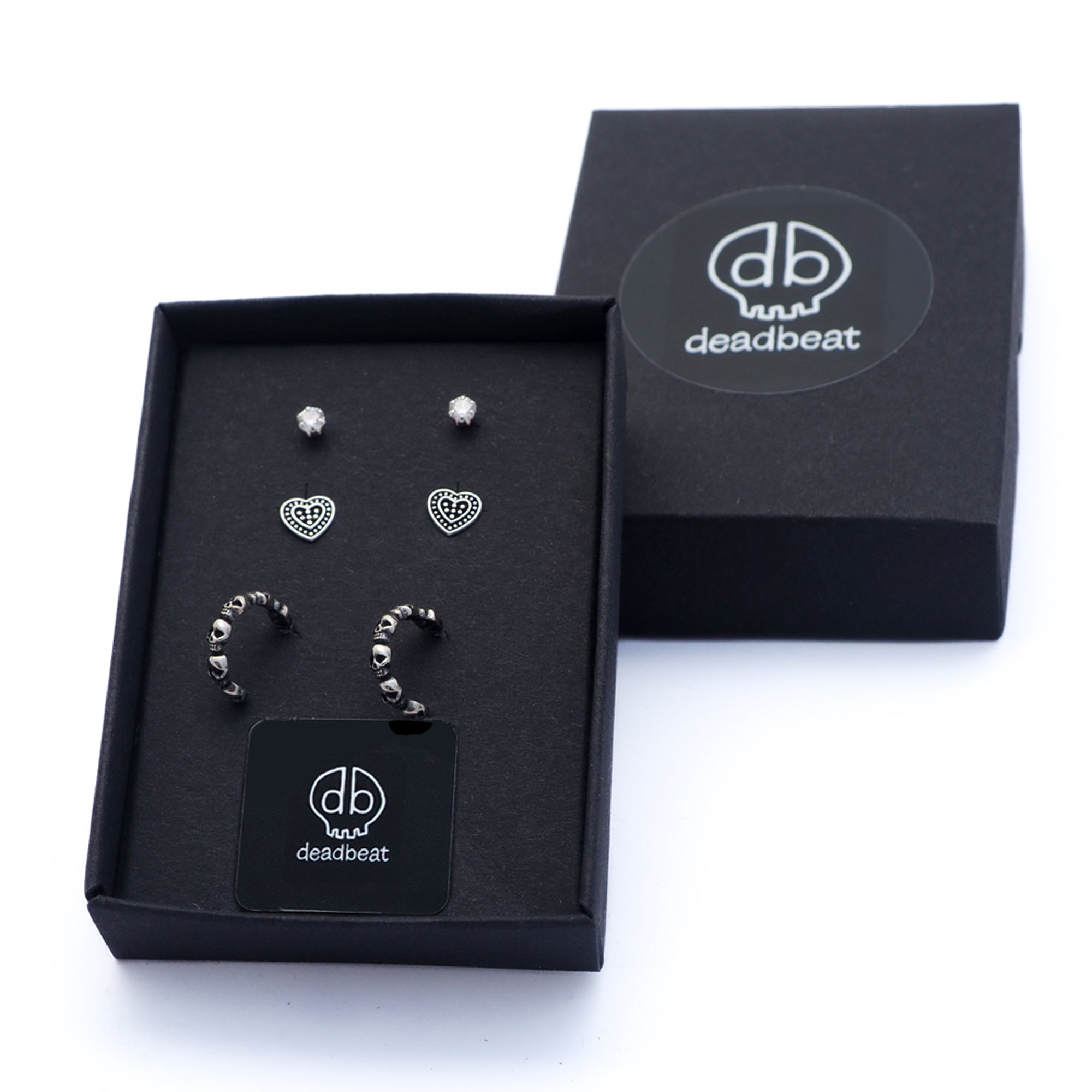 DEADBEAT Rock-Solid 925 Silver CZ Stone Ear Stud, Oxidised Heart Ear Stud & Oxidised Skull Hoop Ear Stud Gift Pack