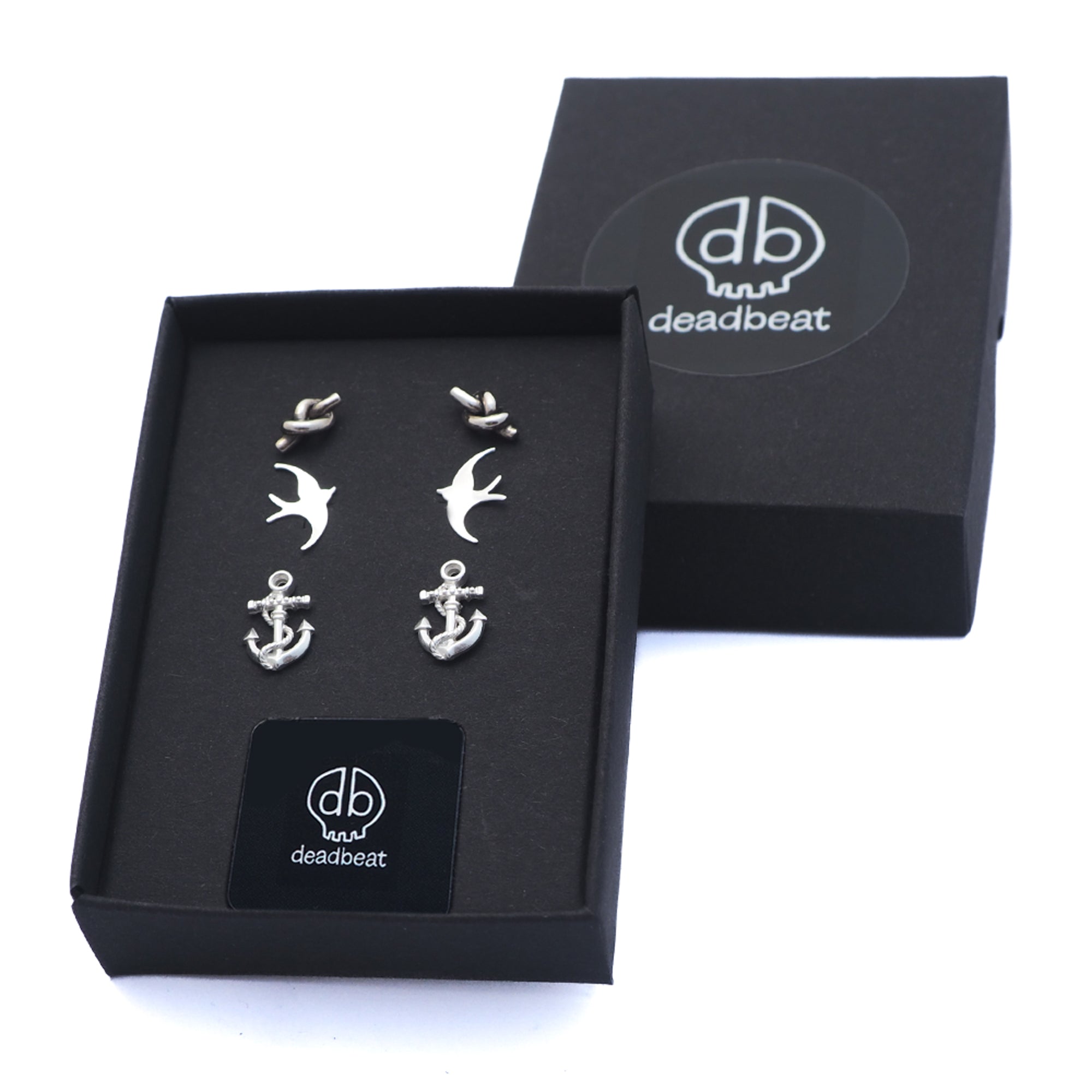 DEADBEAT Rock-Solid 925 Silver Oxidised Knot Ear Stud, Swallow Ear Stud & Anchor Ear Stud Gift Pack