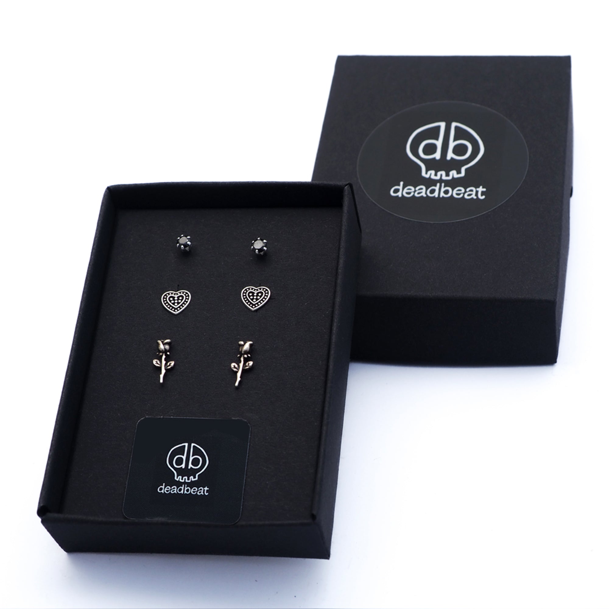 DEADBEAT Rock-Solid 925 Silver -CZ Stone Ear Stud, Oxidised Heart Ear Stud & Oxidised Rose Stem Ear Stud Gift Pack