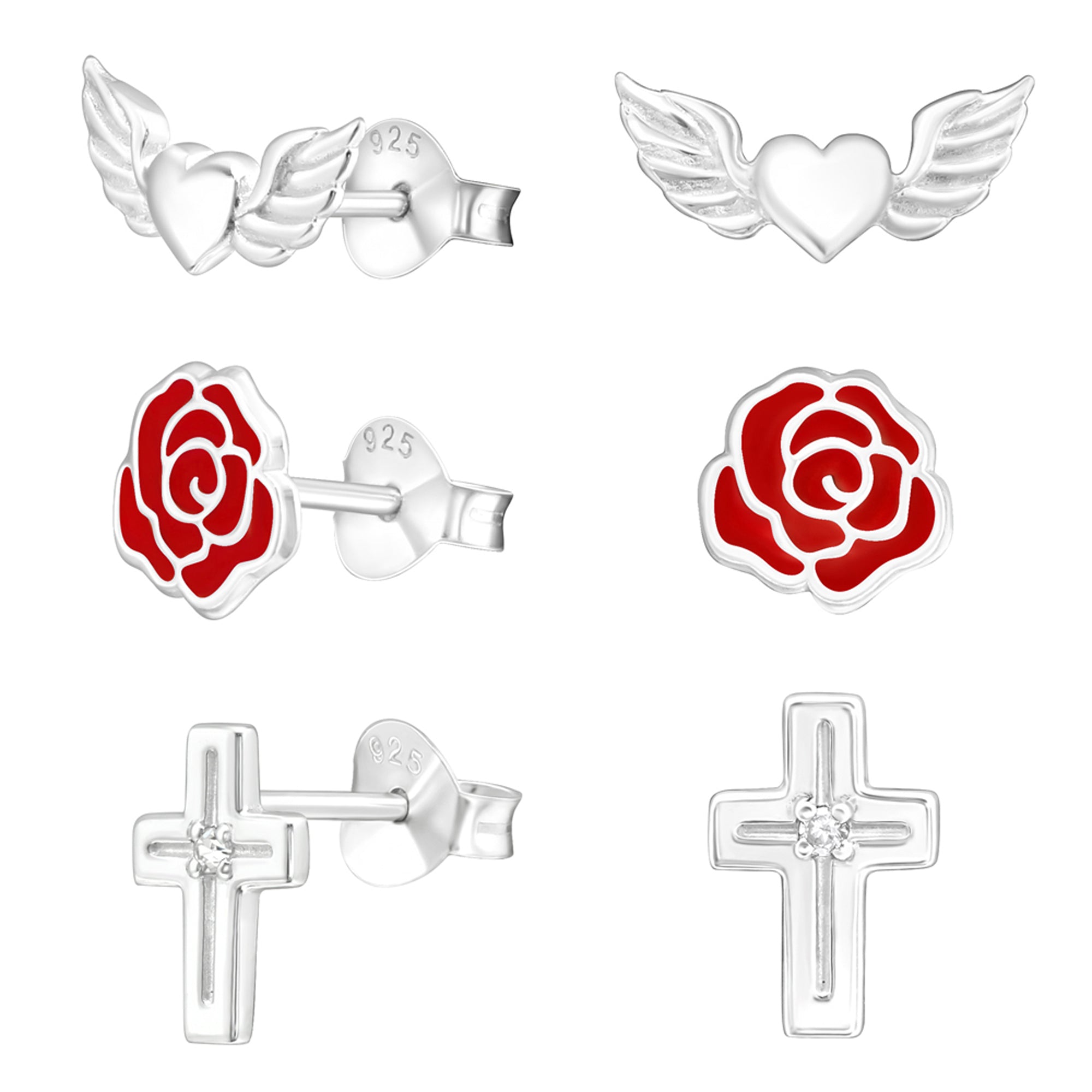 DEADBEAT Rock-Solid 925 Silver Winged Heart Ear Stud, Tattoo Rose Ear Stud & CZ Stone Plain Cross Ear Stud Gift Pack