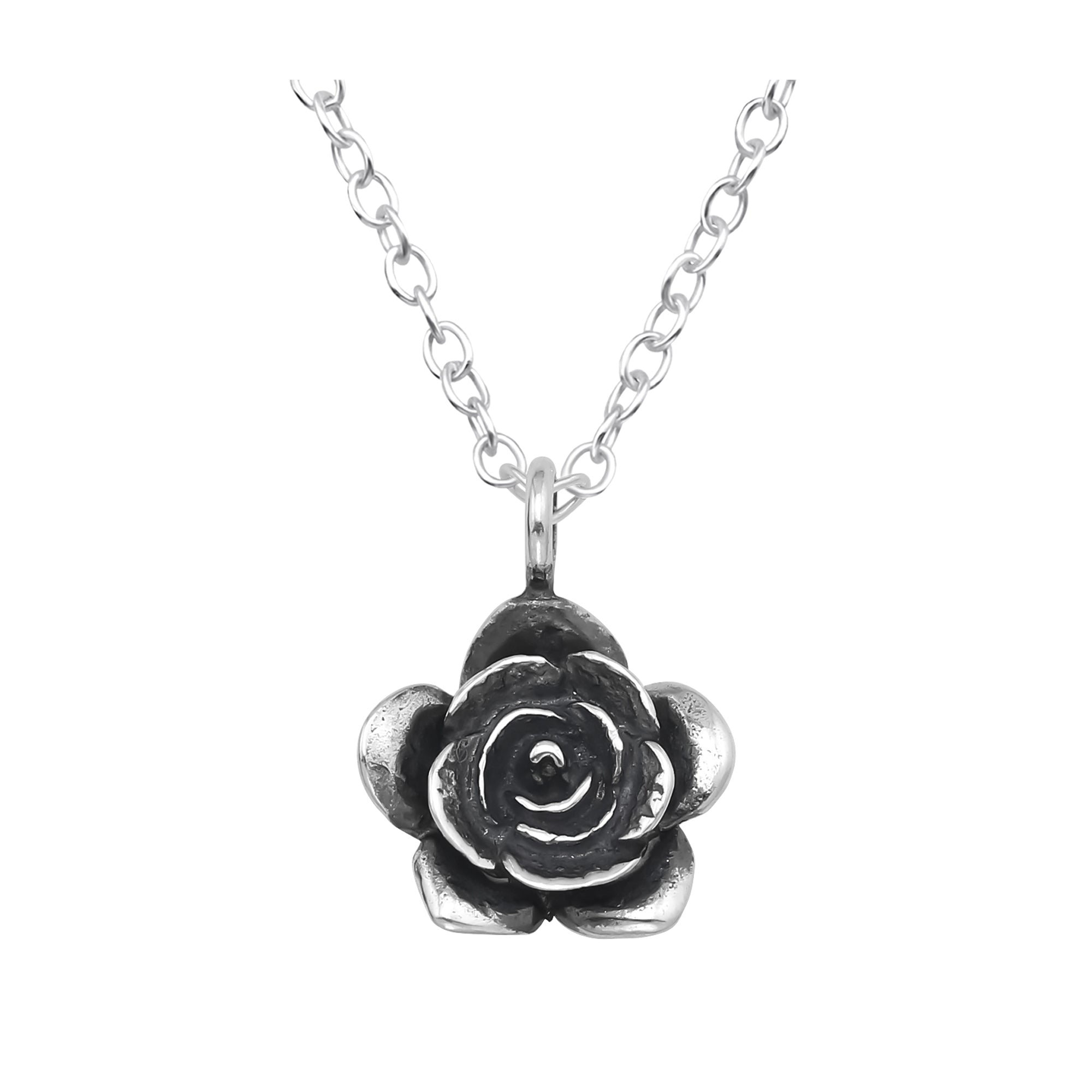 Silver oxidised finish 3D rose necklace.