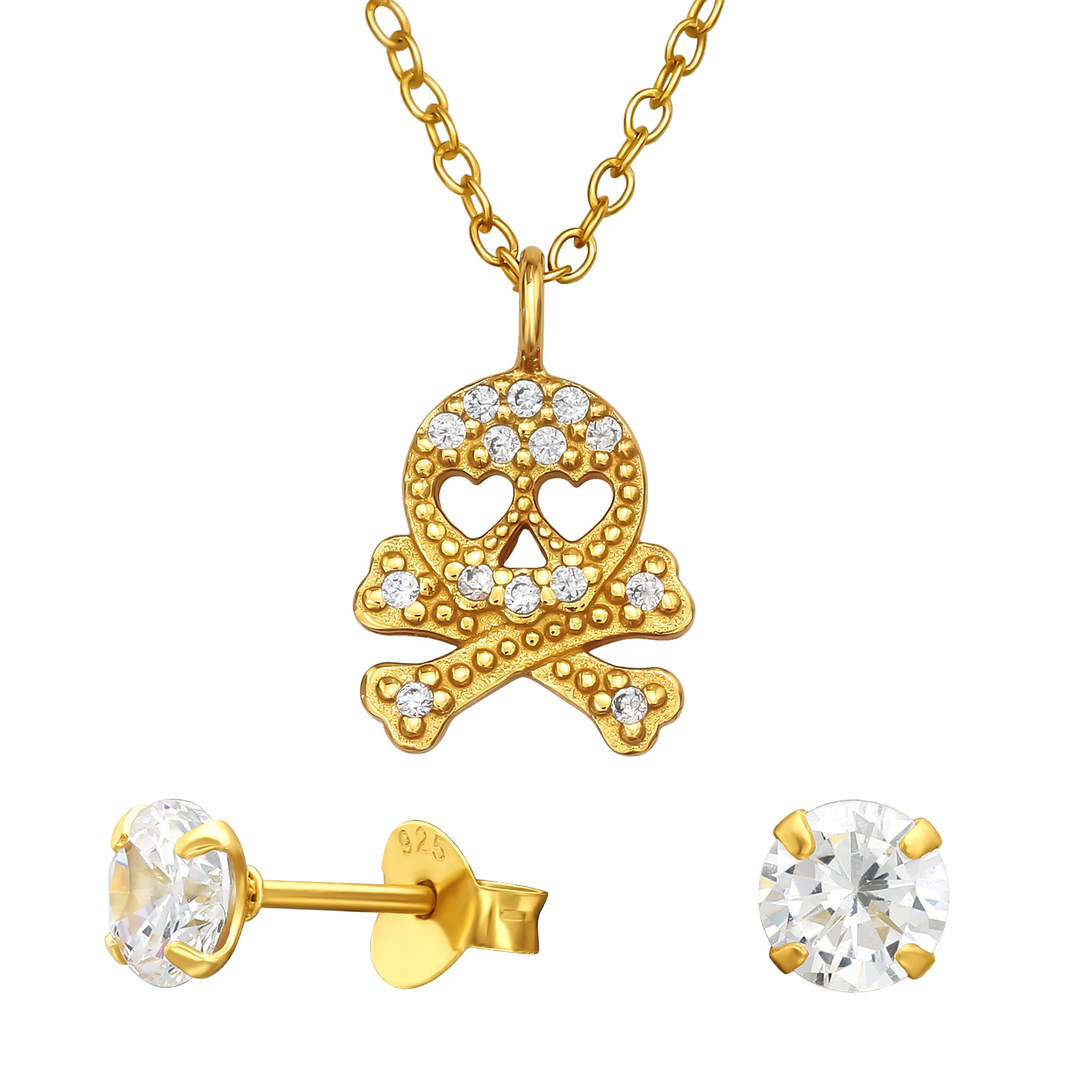 Solid 925 Silver with 24K Gold Plated CZ Skull and Crossbones Necklace and Round CZ Ear Stud Gift Set for Women, Teens by db deadbeat