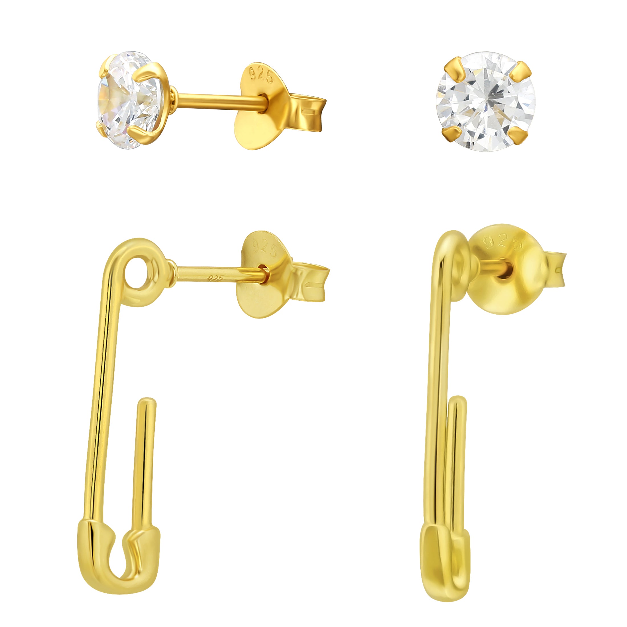 Solid 925 Silver with 24K Gold Plated Safety Pin & CZ Ear Studs Gift Set for Women, Teens  by db deadbeat