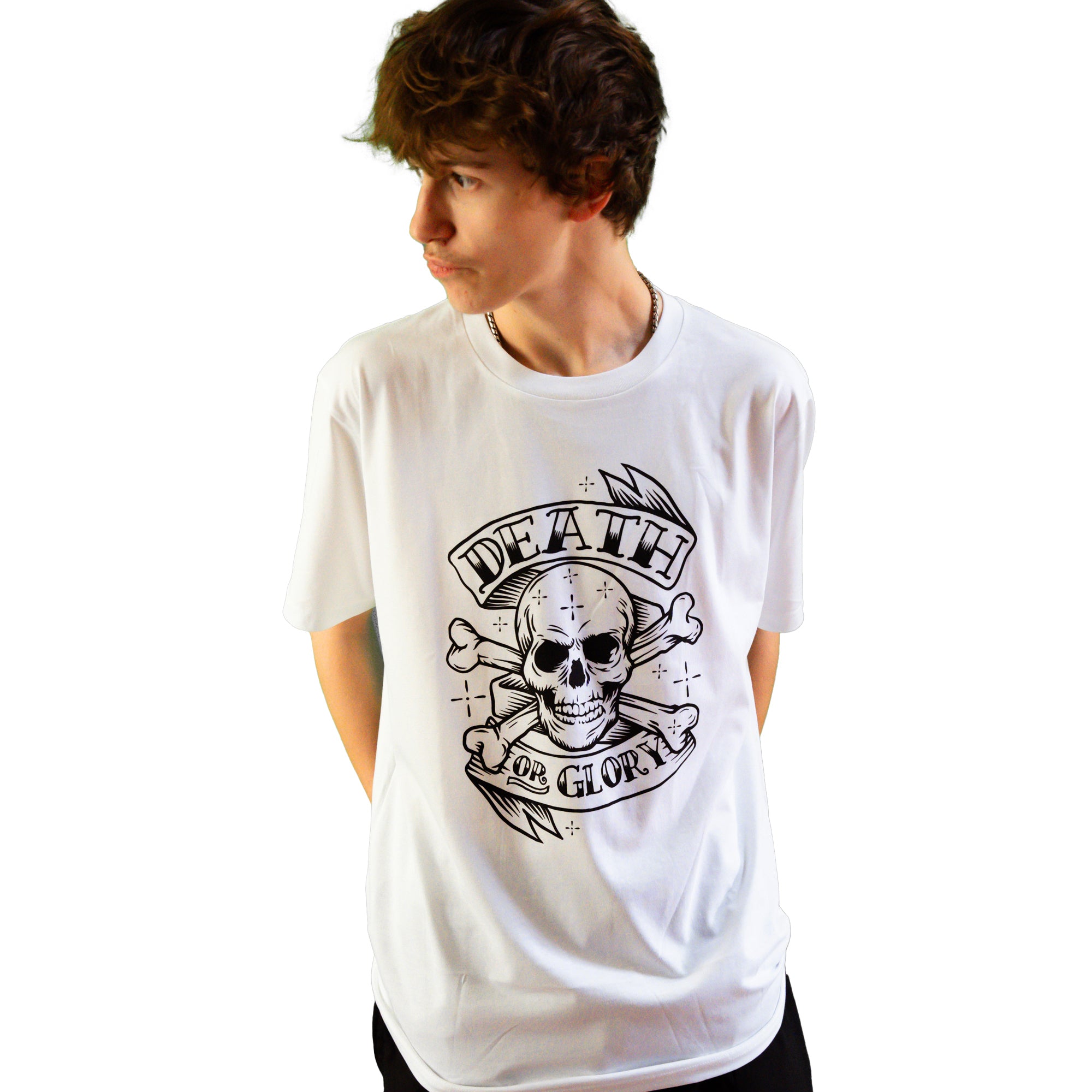 db deadbeat Death or Glory Skull Motif Screen Printed Eco-Friendly Unisex White T-Shirt for Men, Women and Teens