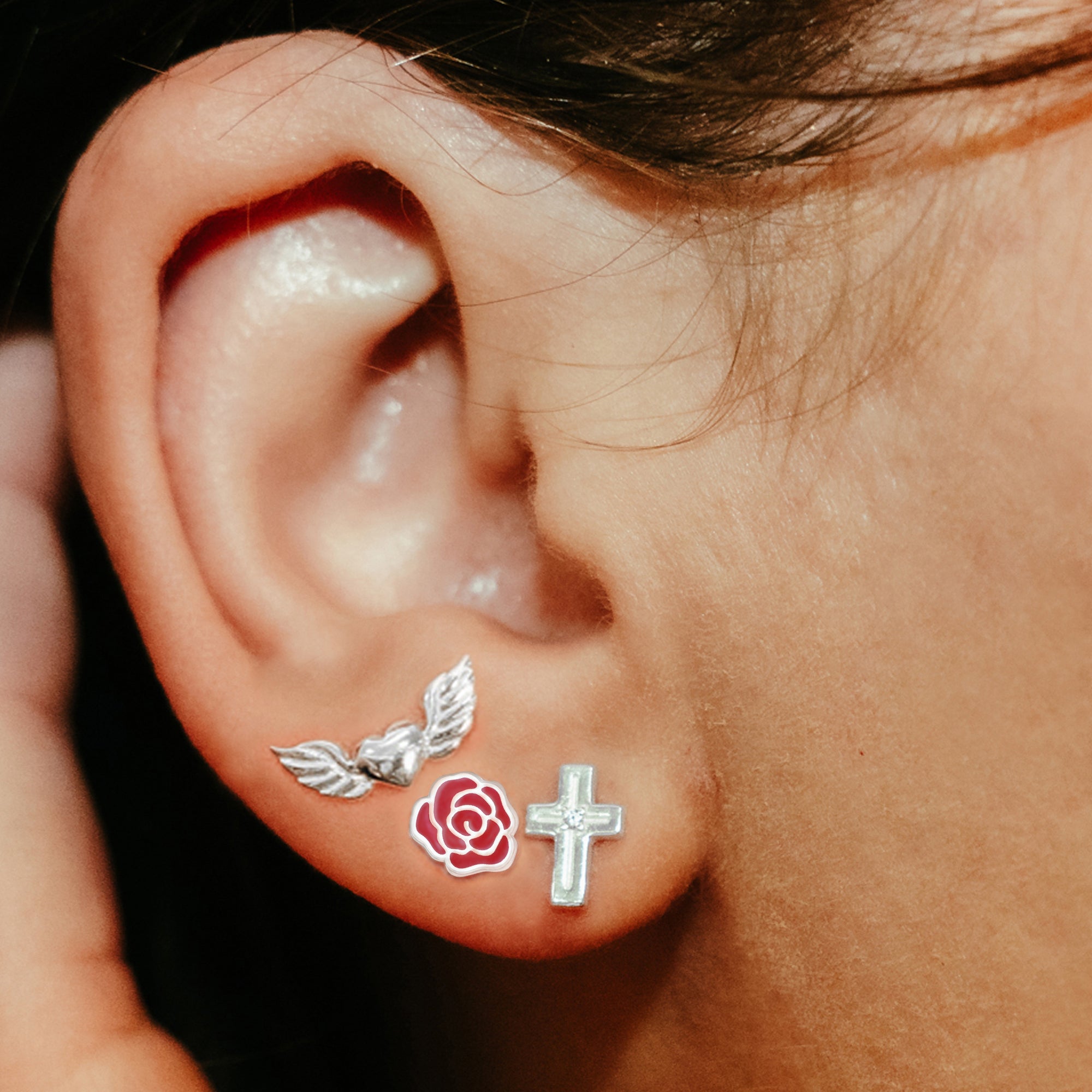 DEADBEAT Rock-Solid 925 Silver Winged Heart Ear Stud, Tattoo Rose Ear Stud & CZ Stone Plain Cross Ear Stud Gift Pack